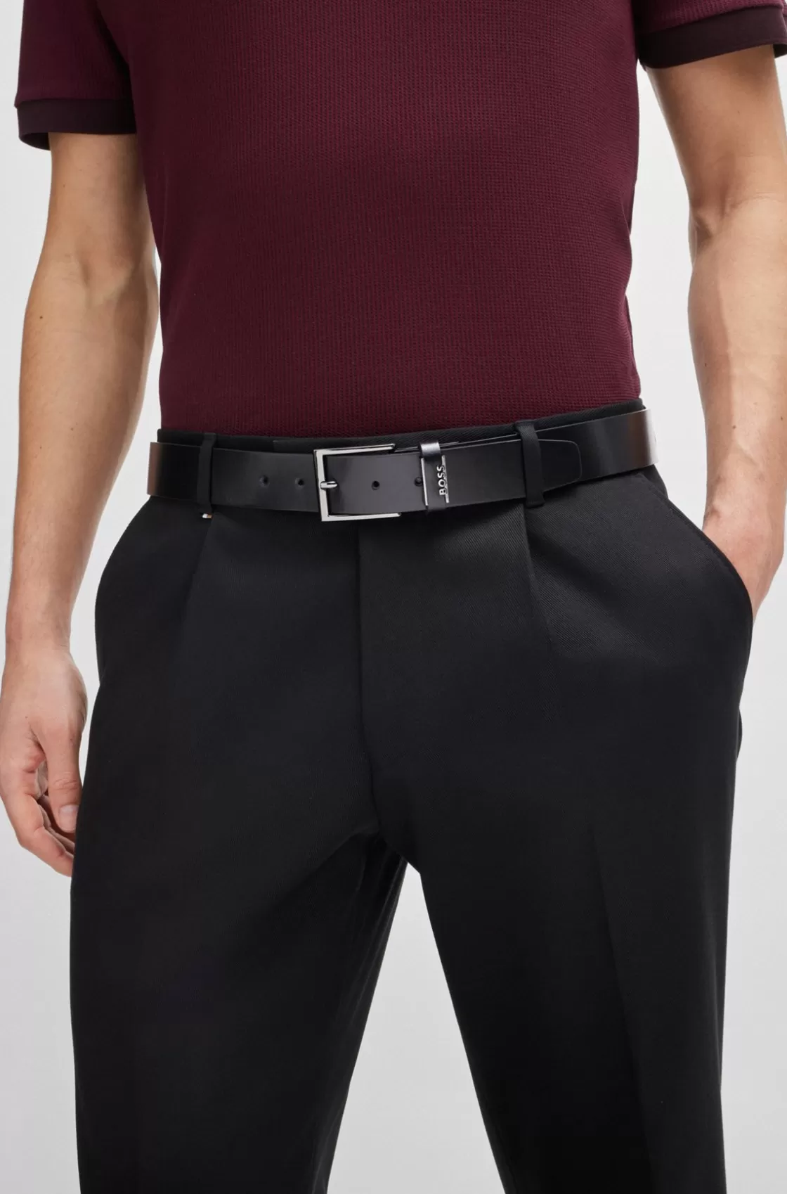 HUGO BOSS Italian-leather Belt With Logo Keeper Black New