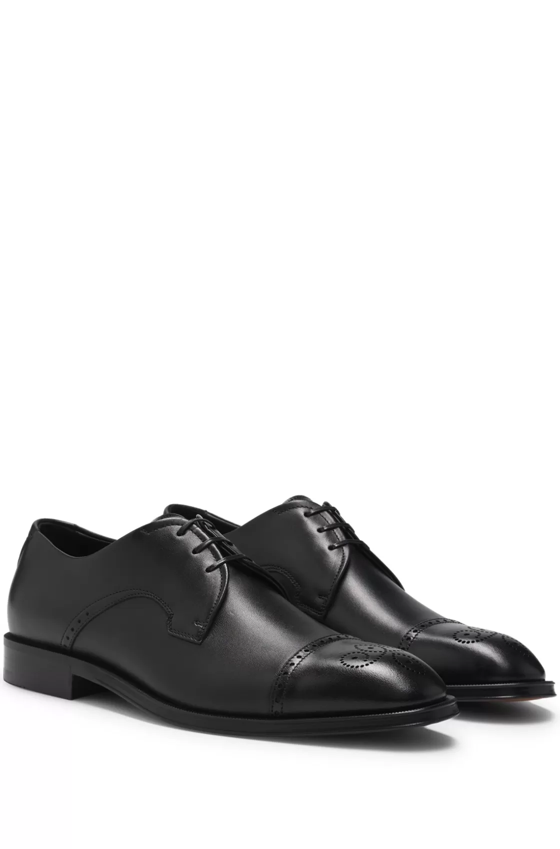 HUGO BOSS Italian-leather Derby Shoes With Cap Toe Black Fashion