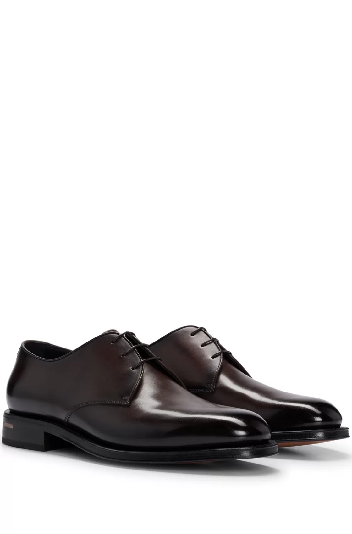 HUGO BOSS Italian-made Derby Shoes In Burnished Leather Dark Brown Fashion