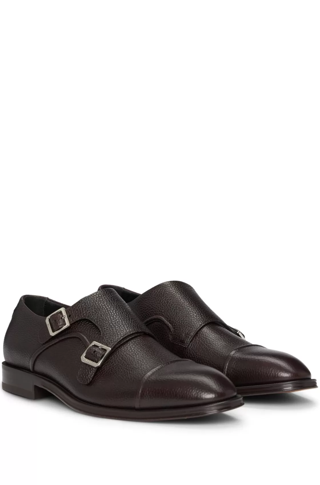HUGO BOSS Italian-made Double-strap Monk Shoes In Grained Leather Dark Brown Best