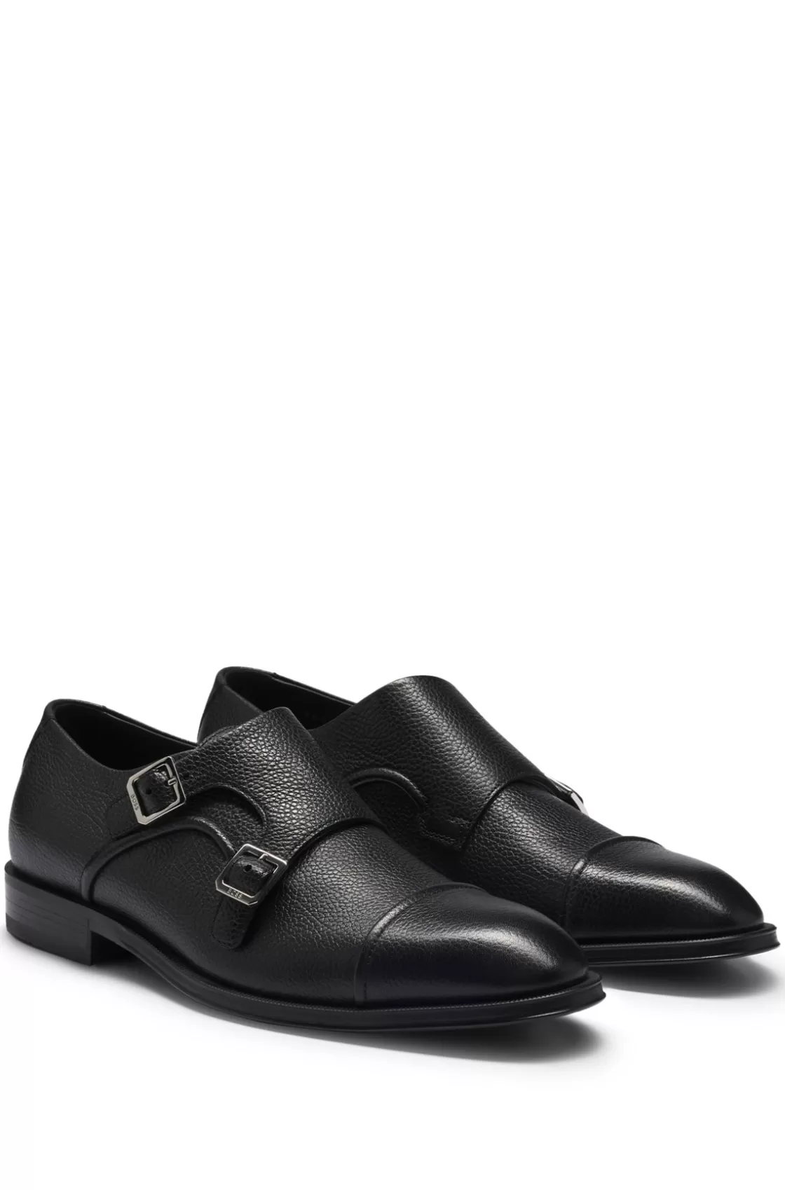 HUGO BOSS Italian-made Double-strap Monk Shoes In Grained Leather Black Best Sale
