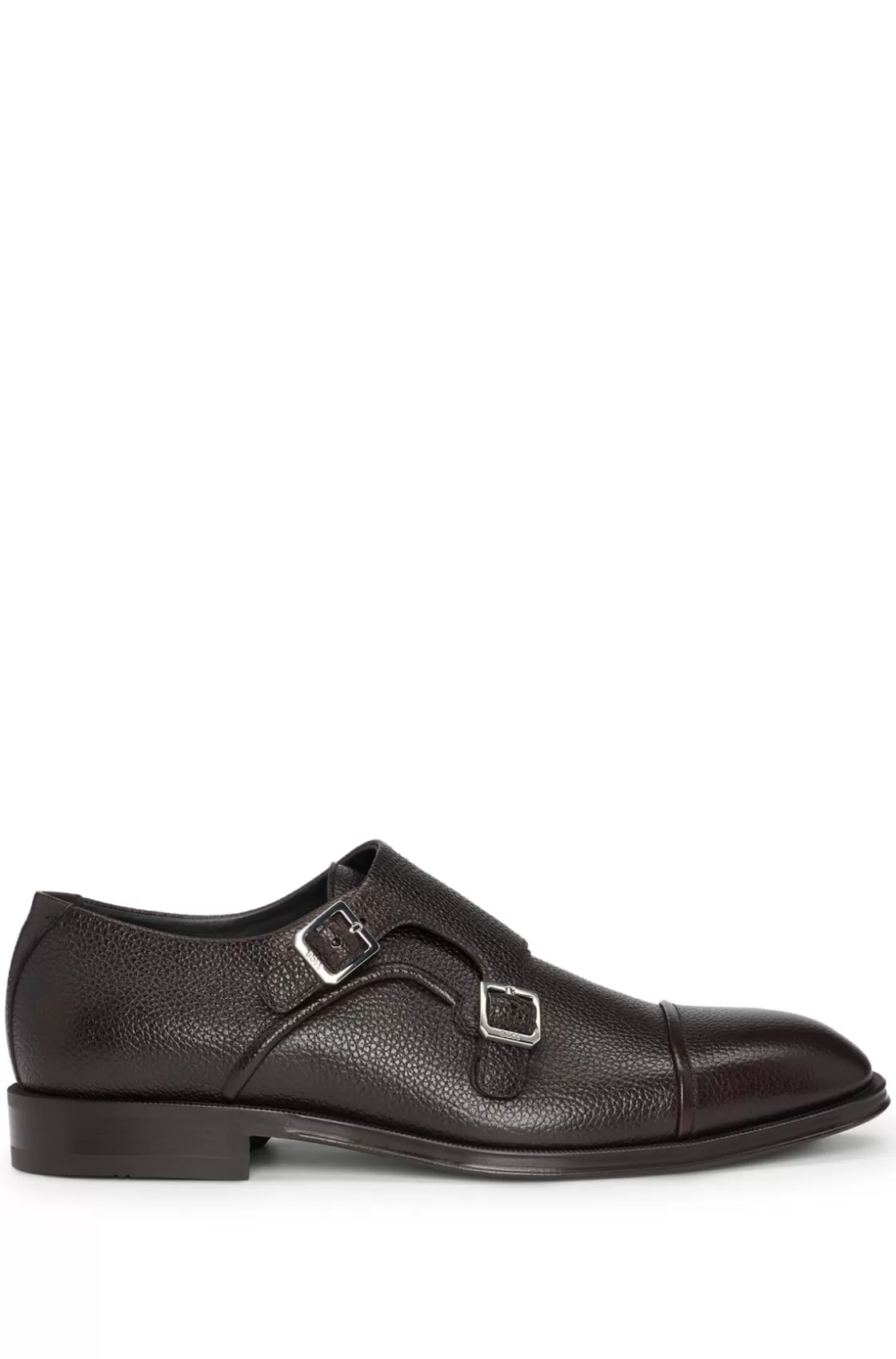 HUGO BOSS Italian-made Double-strap Monk Shoes In Grained Leather Dark Brown Best