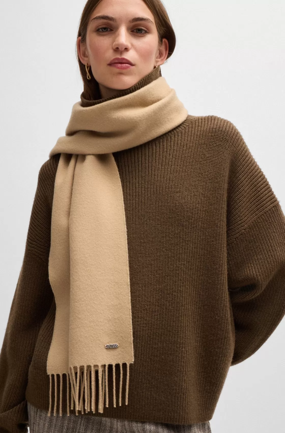HUGO BOSS Italian-made Scarf In Wool Twill Beige Discount