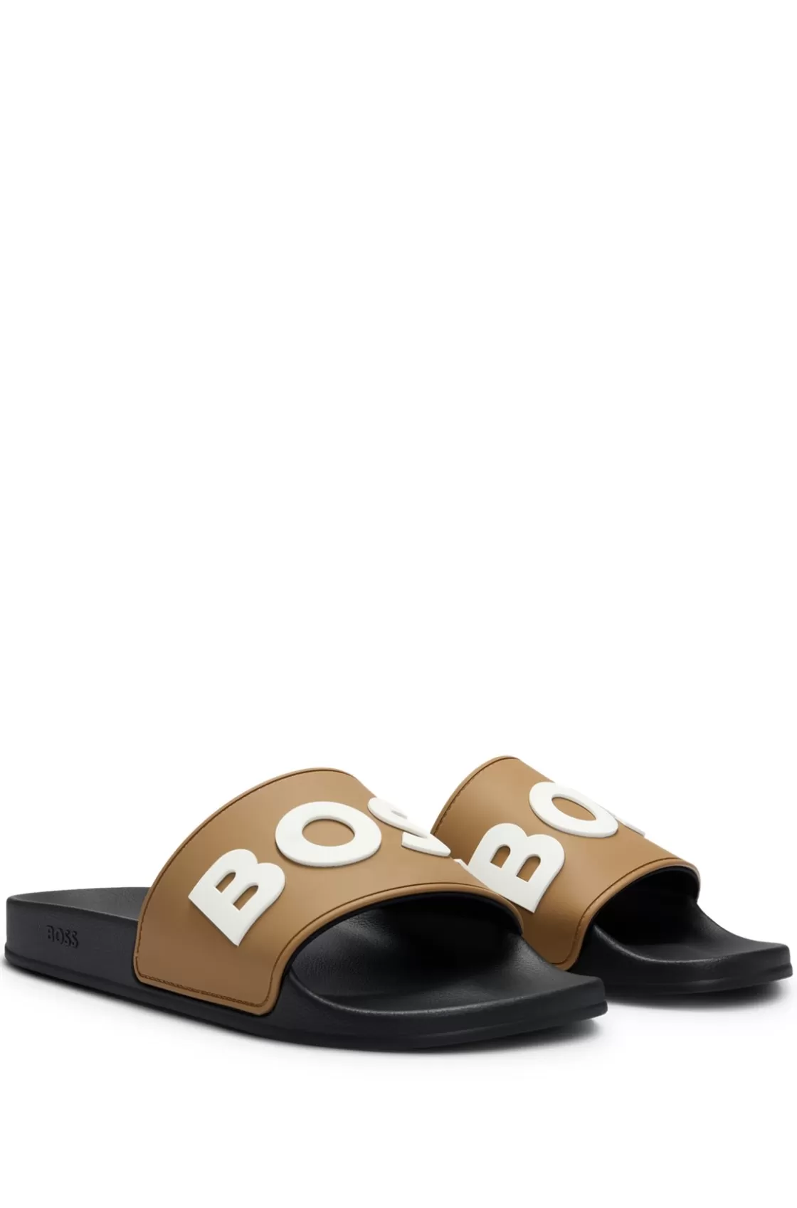 HUGO BOSS Italian-made Slides With Raised Logo Light Brown Cheap