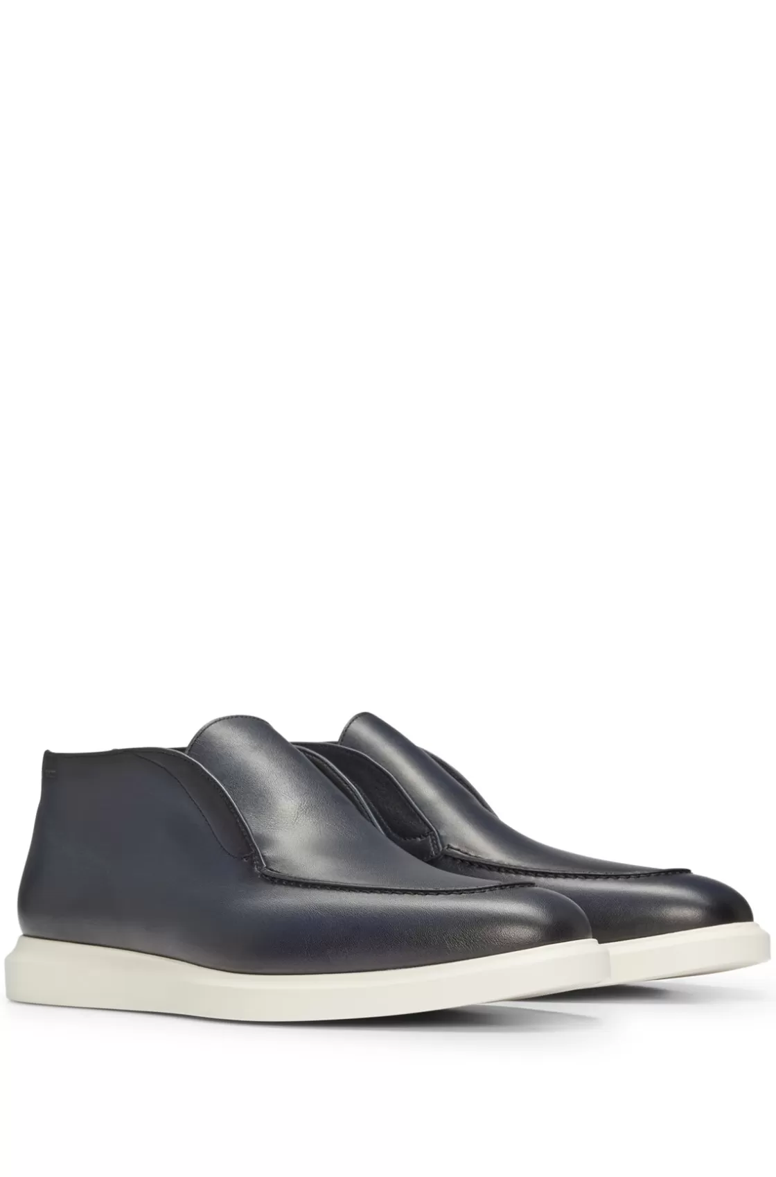 HUGO BOSS Italian-made Slip-on Desert Boots In Leather Dark Blue Clearance