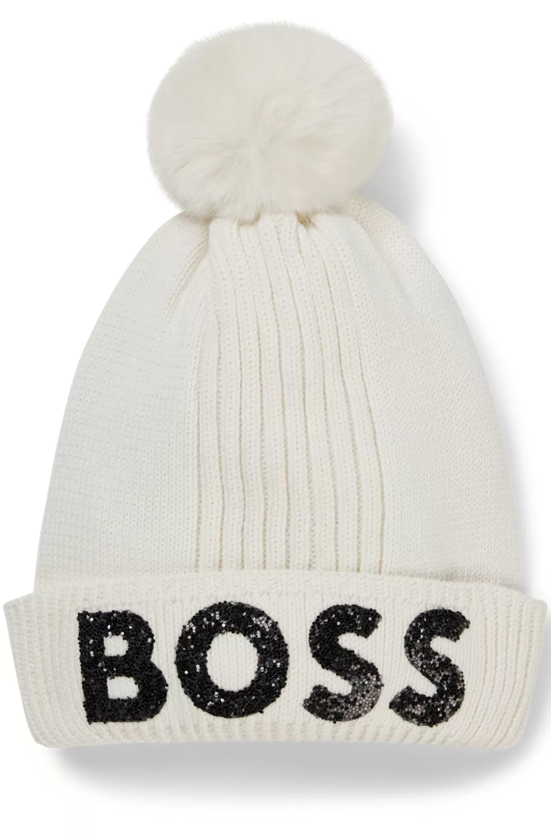 HUGO BOSS Kids' Beanie Hat In Knitted Cotton With Glitter Logo White Cheap