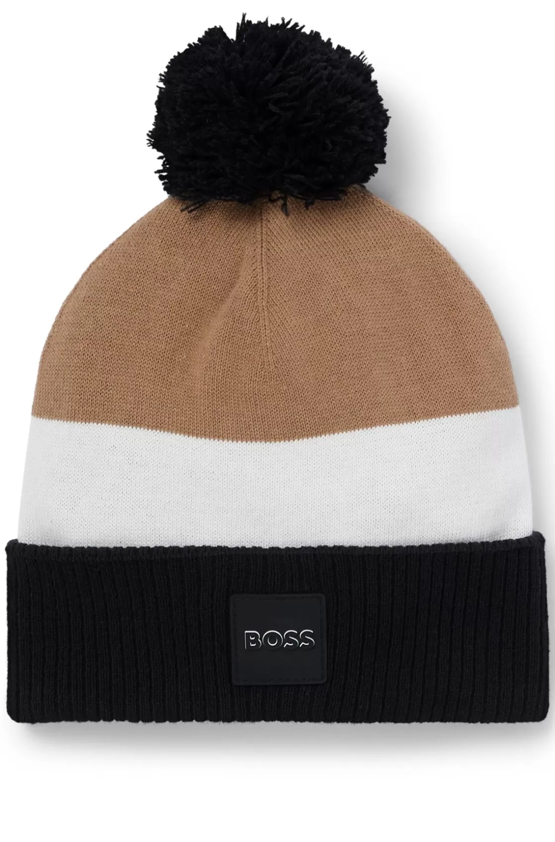 HUGO BOSS Kids' Beanie Hat In Knitted Cotton With Pompom Brown Fashion