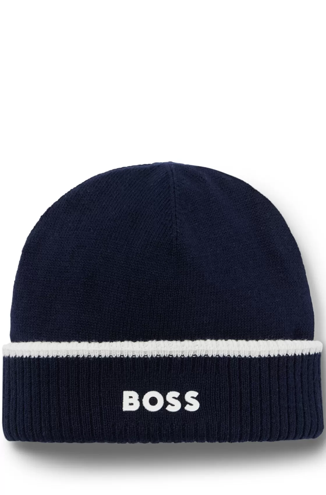 HUGO BOSS Kids' Beanie Hat In Knitted Cotton With Rubber Logo Dark Blue New