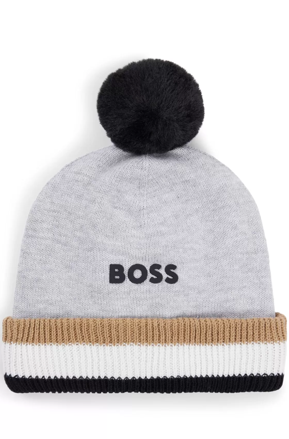 HUGO BOSS Kids' Beanie Hat With Logo Print And Pompom Light Grey Clearance