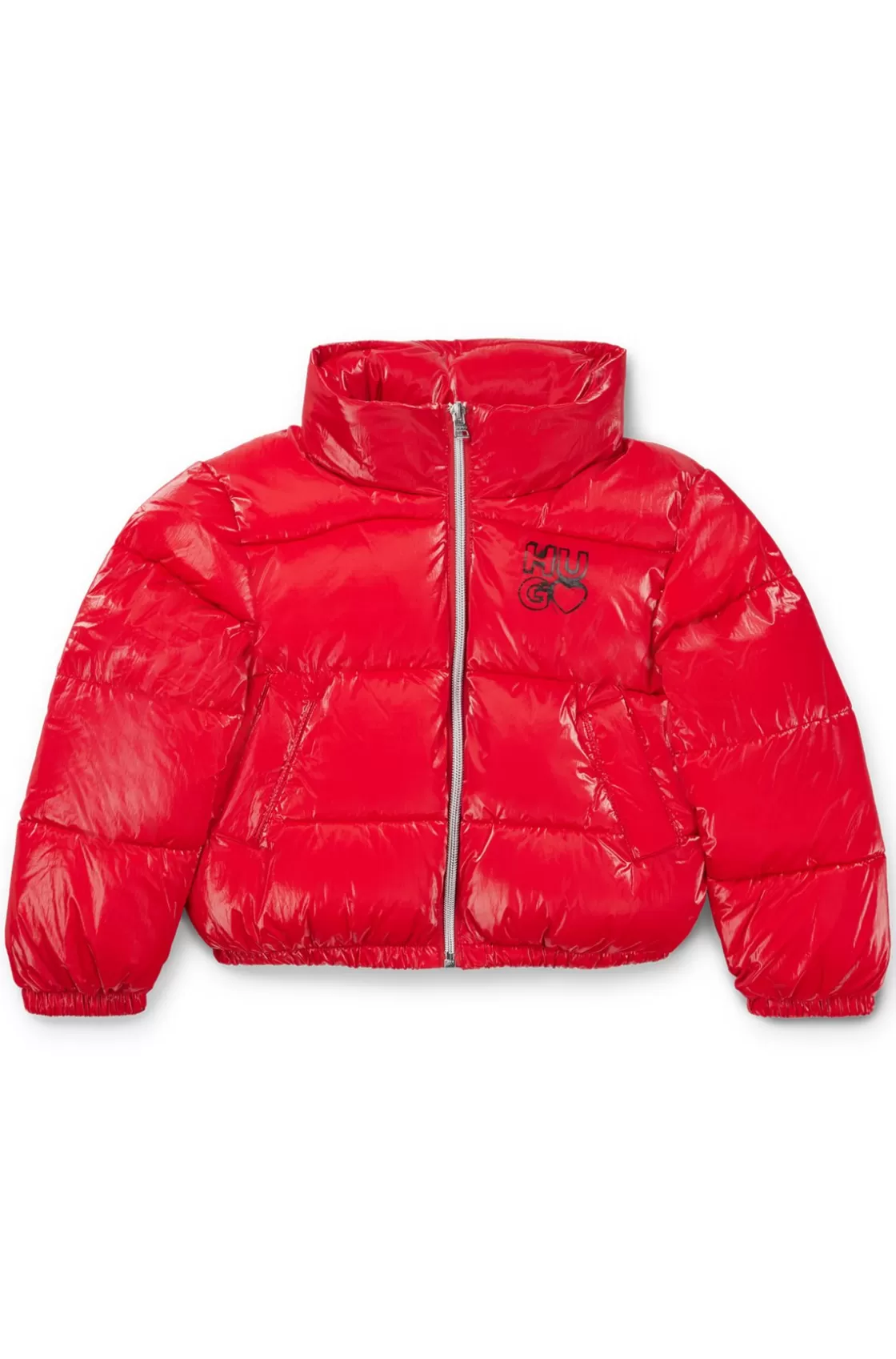 HUGO BOSS Kids' Hooded Puffer Jacket In Film-coated Crinkle Fabric Red Clearance