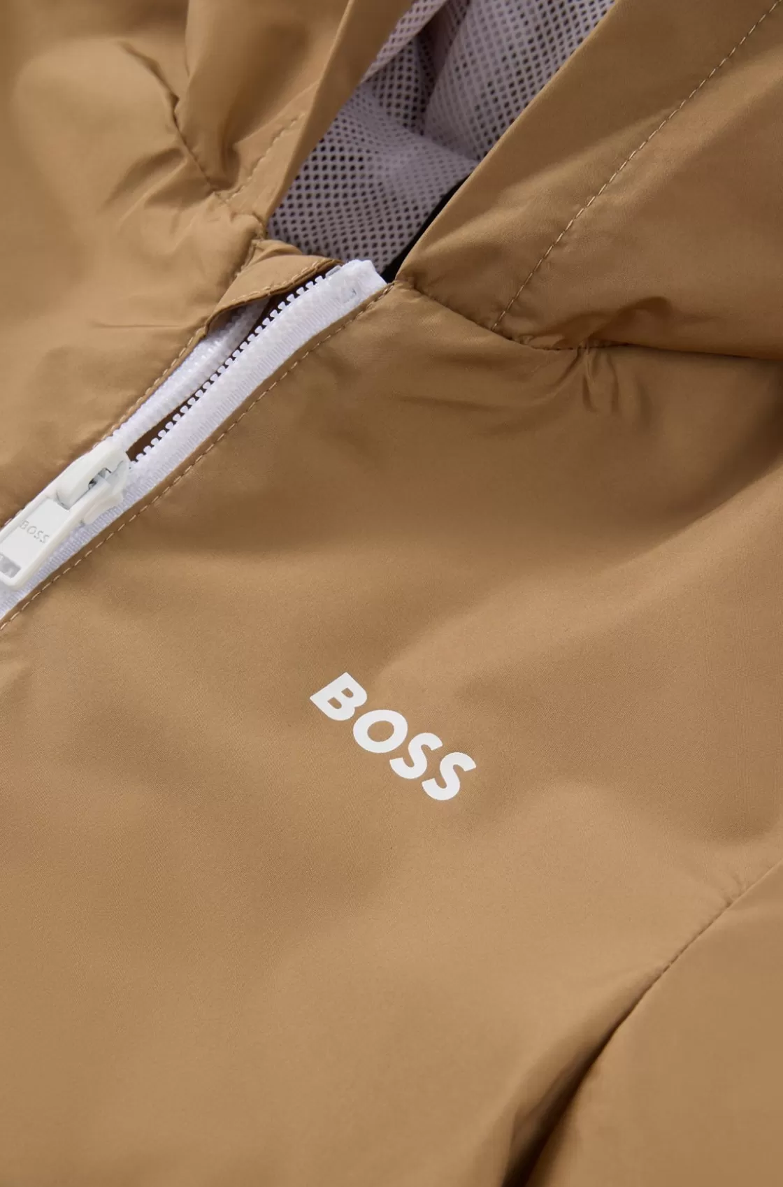 HUGO BOSS Kids' Hooded Windbreaker In Waterproof Fabric With Logo Print Brown New