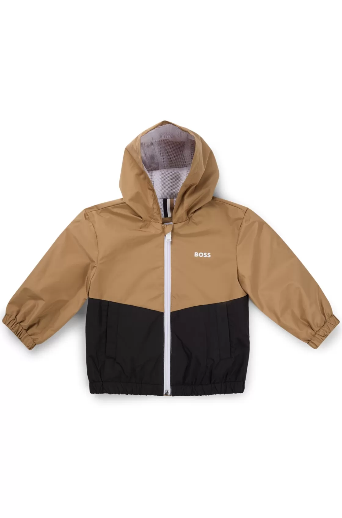 HUGO BOSS Kids' Hooded Windbreaker In Waterproof Fabric With Logo Print Brown New