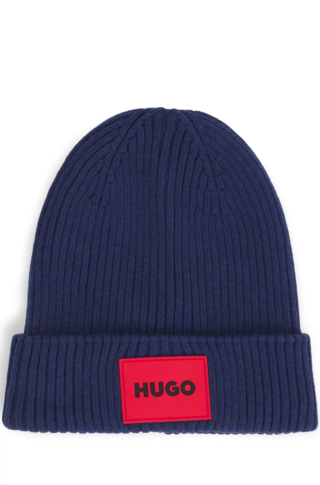 HUGO BOSS Kids' Knitted Beanie Hat With Red Logo Label Dark Blue New