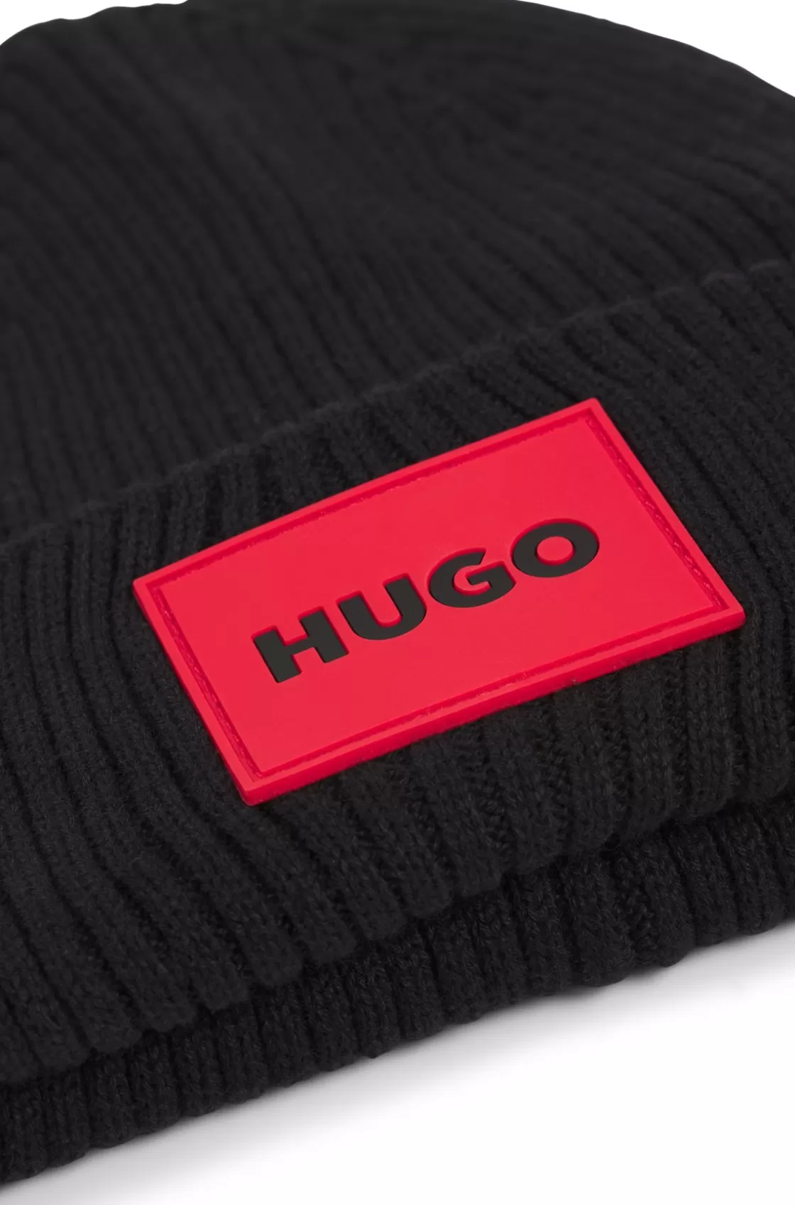 HUGO BOSS Kids' Knitted Beanie Hat With Red Logo Label Black Shop