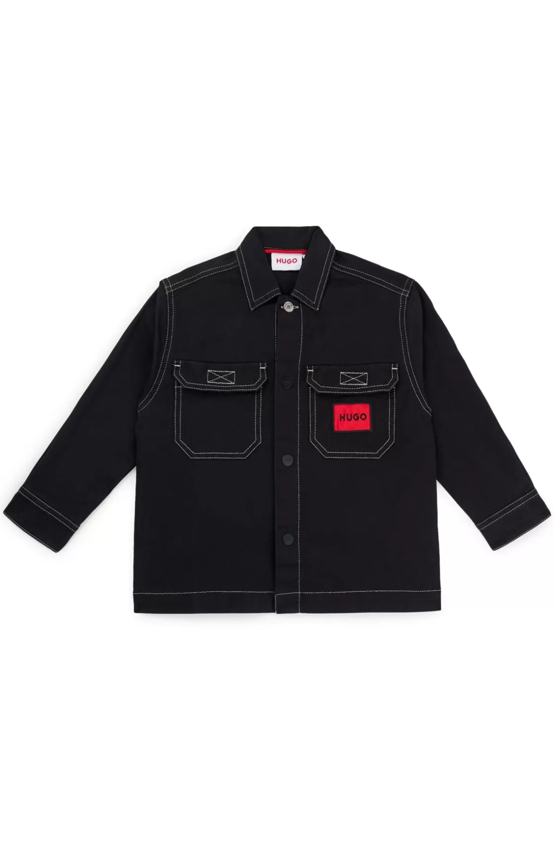 HUGO BOSS Kids' Overshirt In Stretch Cotton With Red Logo Label Black New