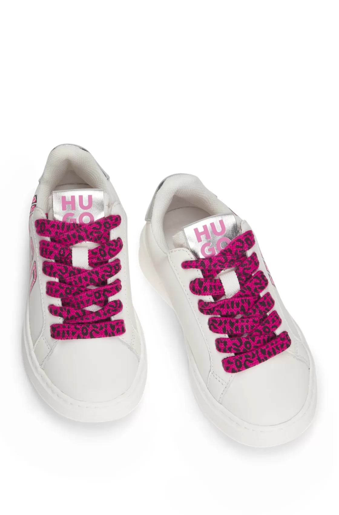 HUGO BOSS Kids' Trainers In Leather With Metallic Faux-leather Trims White Shop