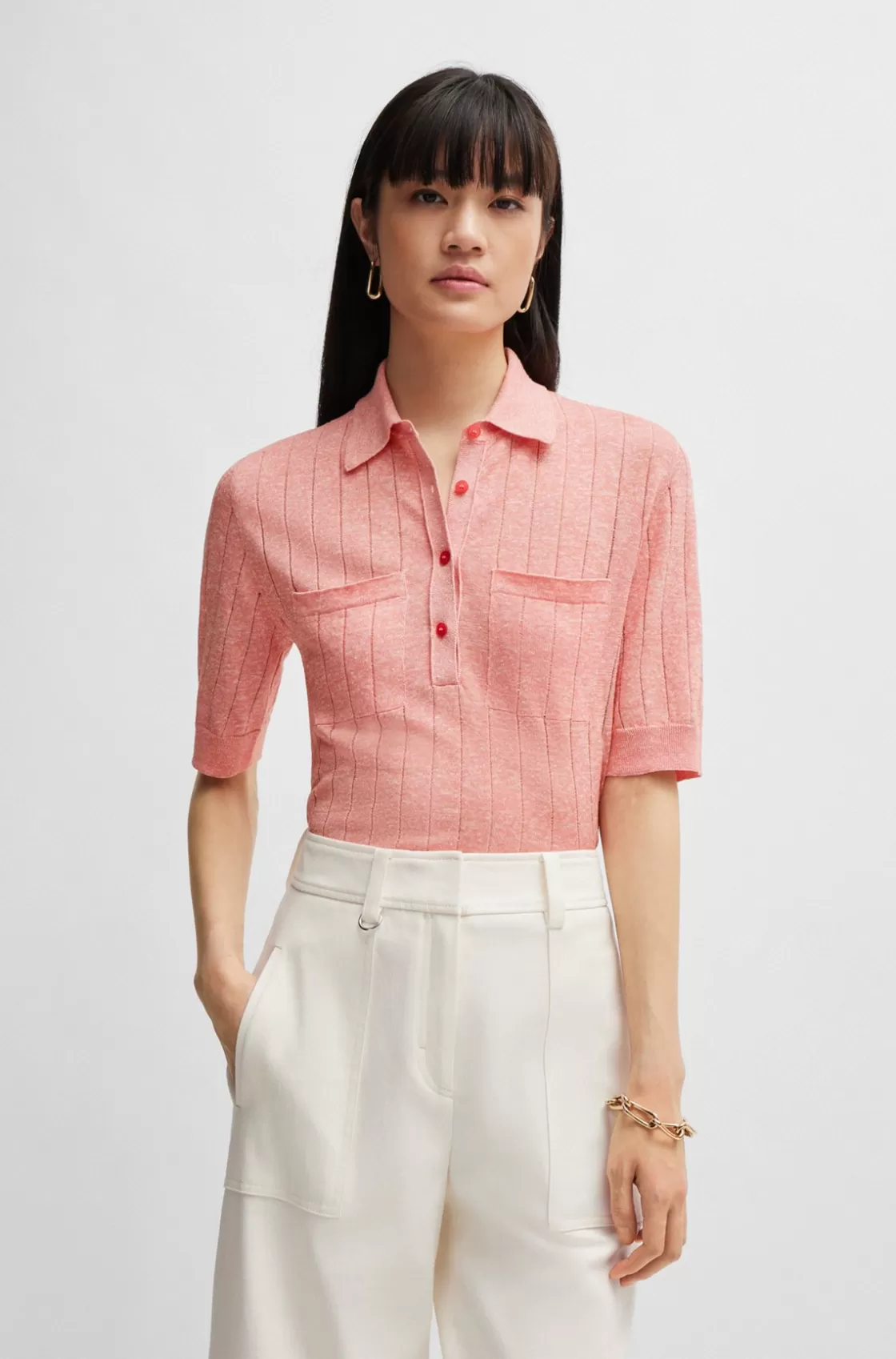 HUGO BOSS Knit Polo In Linen-blend Patterned Hot