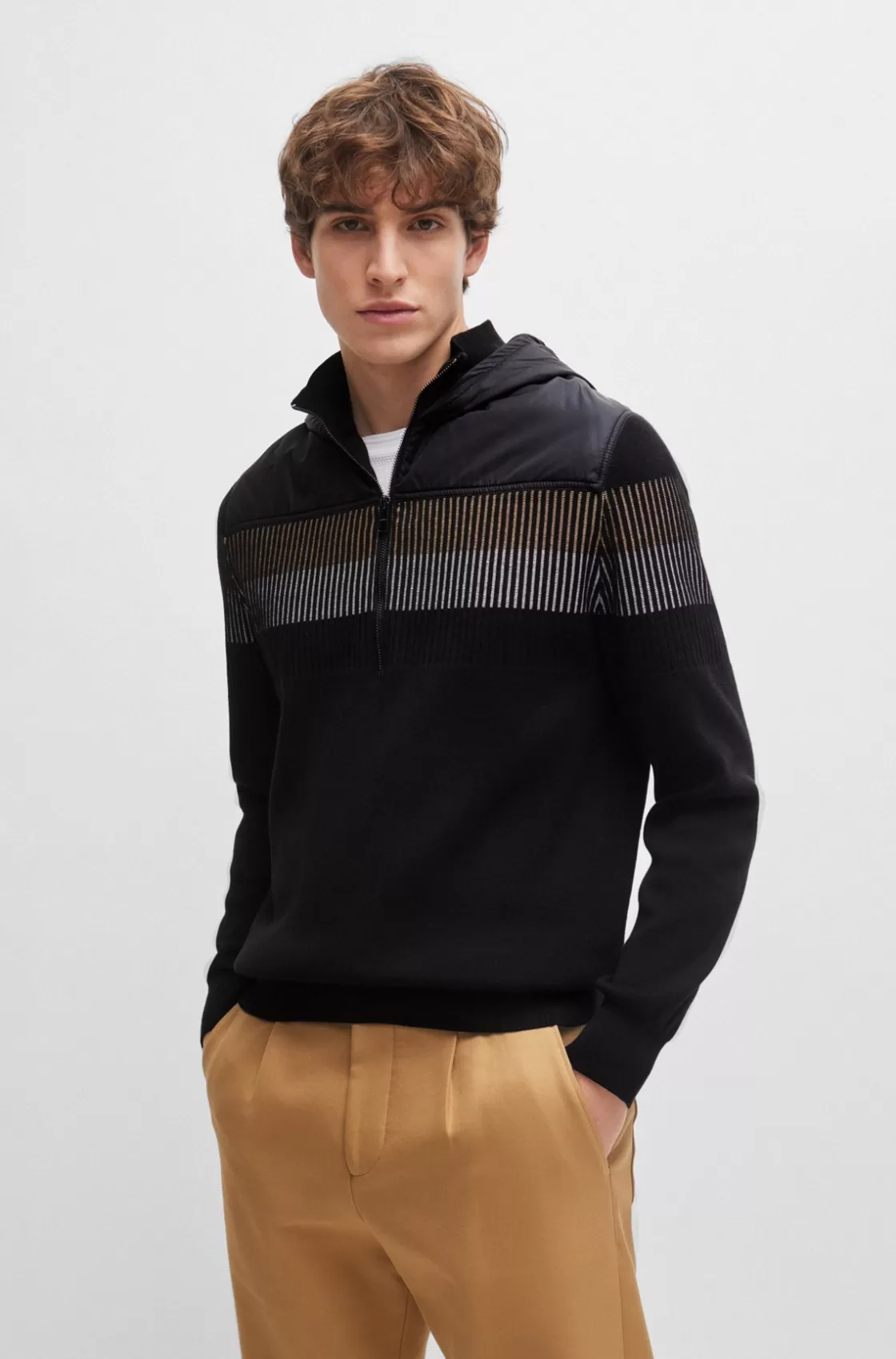 HUGO BOSS Knitted Cotton Jacket With Contrast Hood And Yoke Black Sale