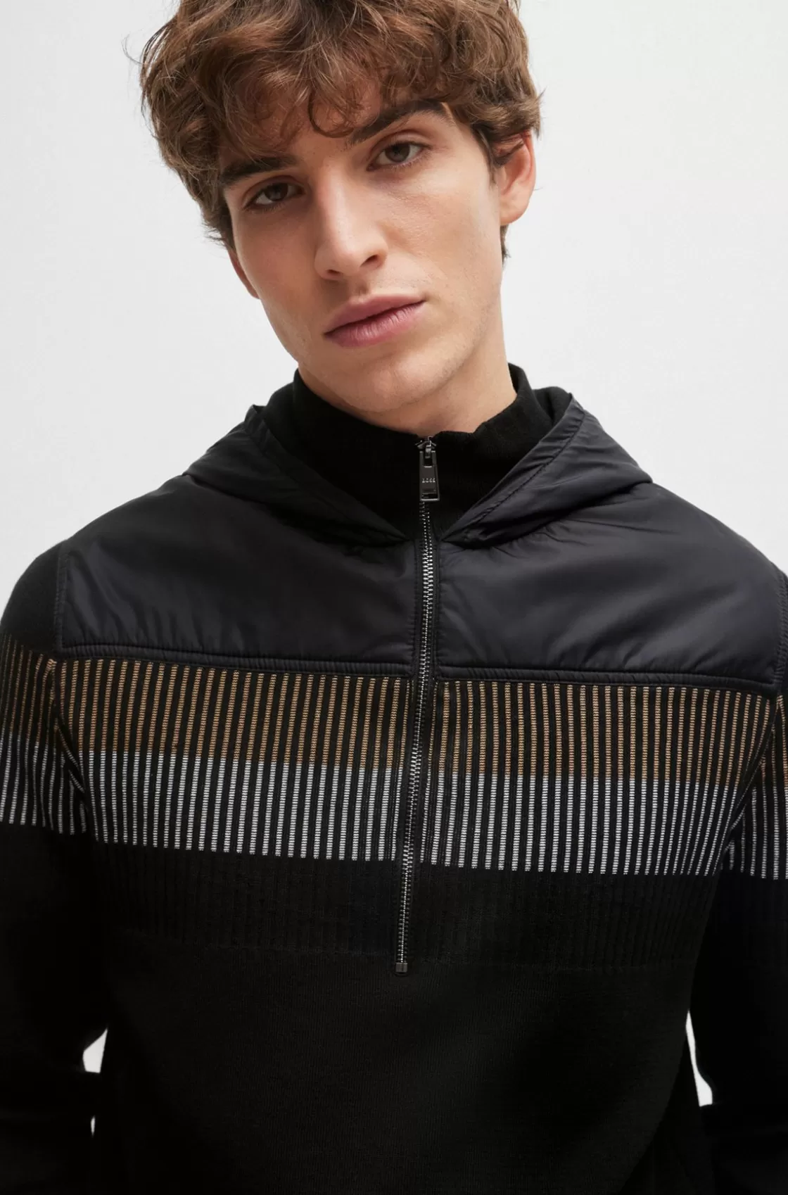 HUGO BOSS Knitted Cotton Jacket With Contrast Hood And Yoke Black Sale