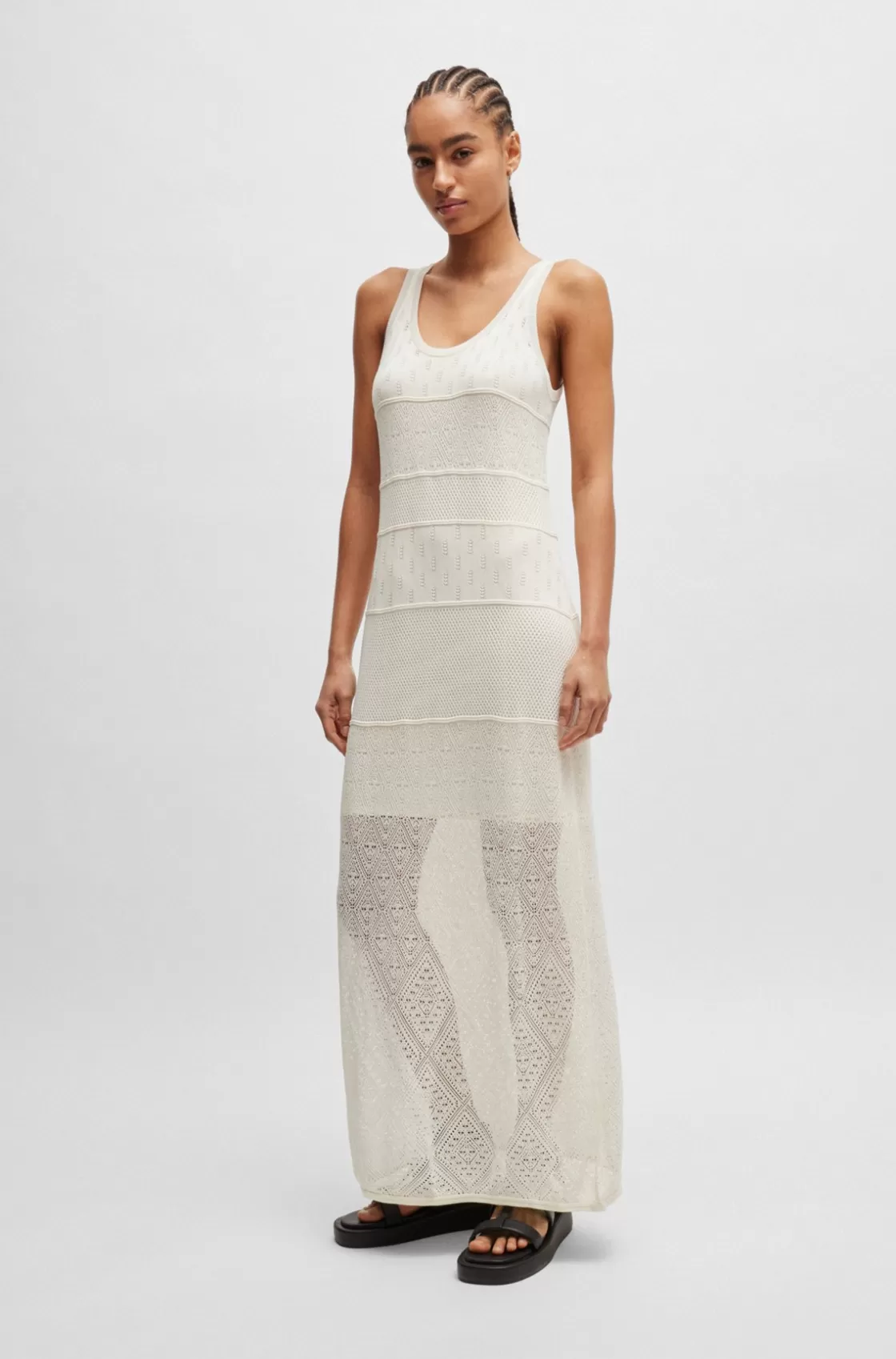 HUGO BOSS Knitted Dress In Midi Length With Mixed Structures White Sale