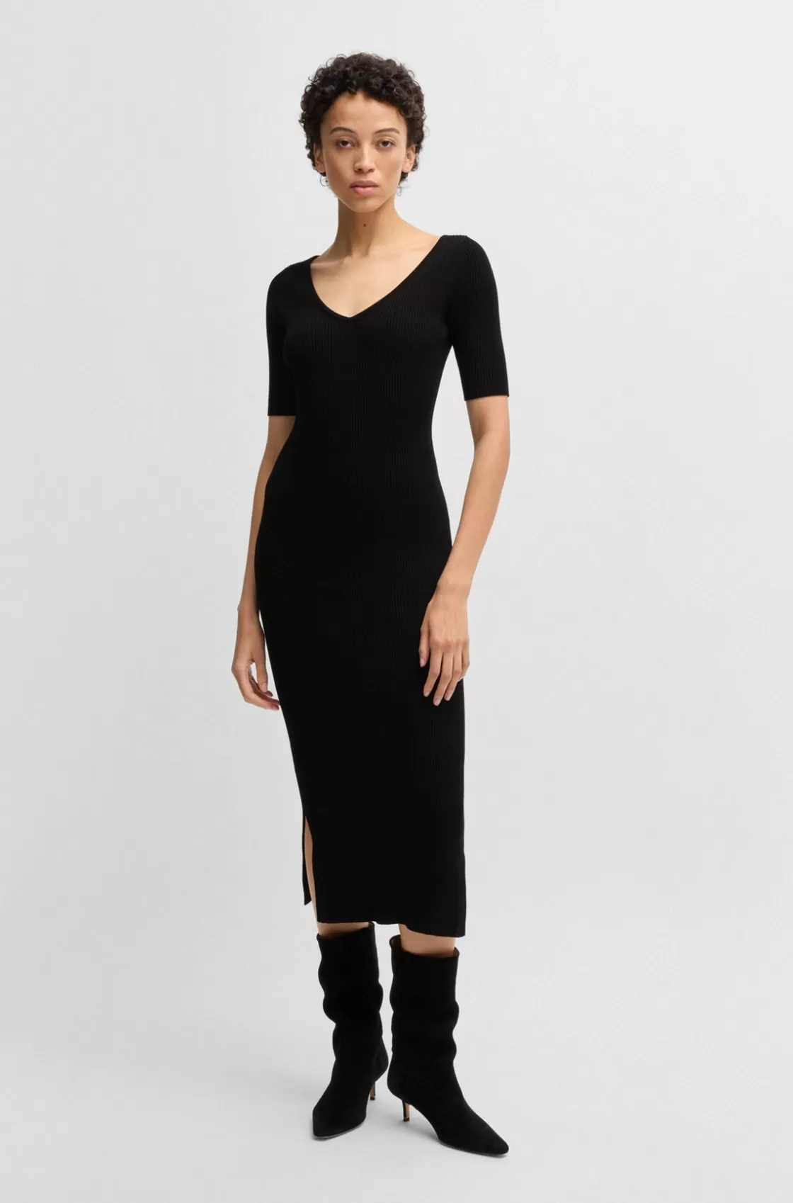 HUGO BOSS Knitted Dress With V Neckline In Stretch Yarns Black Cheap