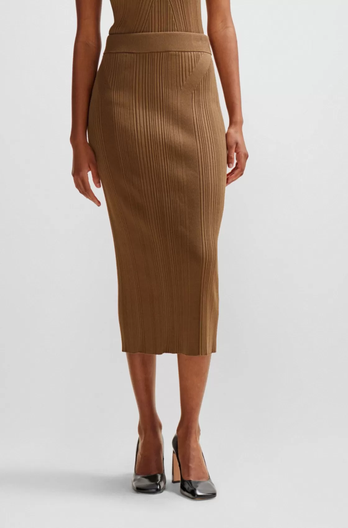 HUGO BOSS Knitted Pencil Skirt With Ribbed Structure Light Brown Discount