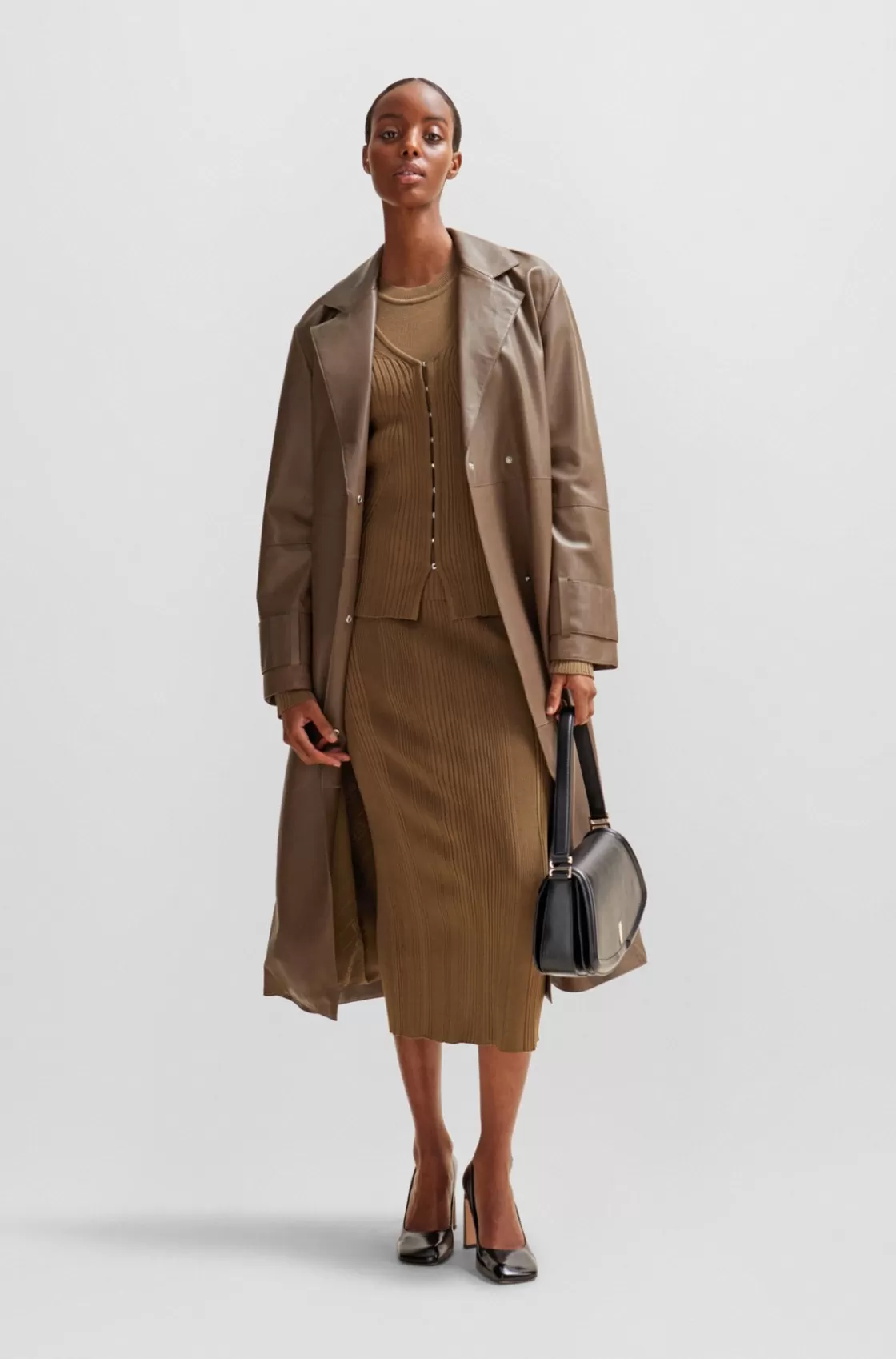 HUGO BOSS Knitted Pencil Skirt With Ribbed Structure Light Brown Discount