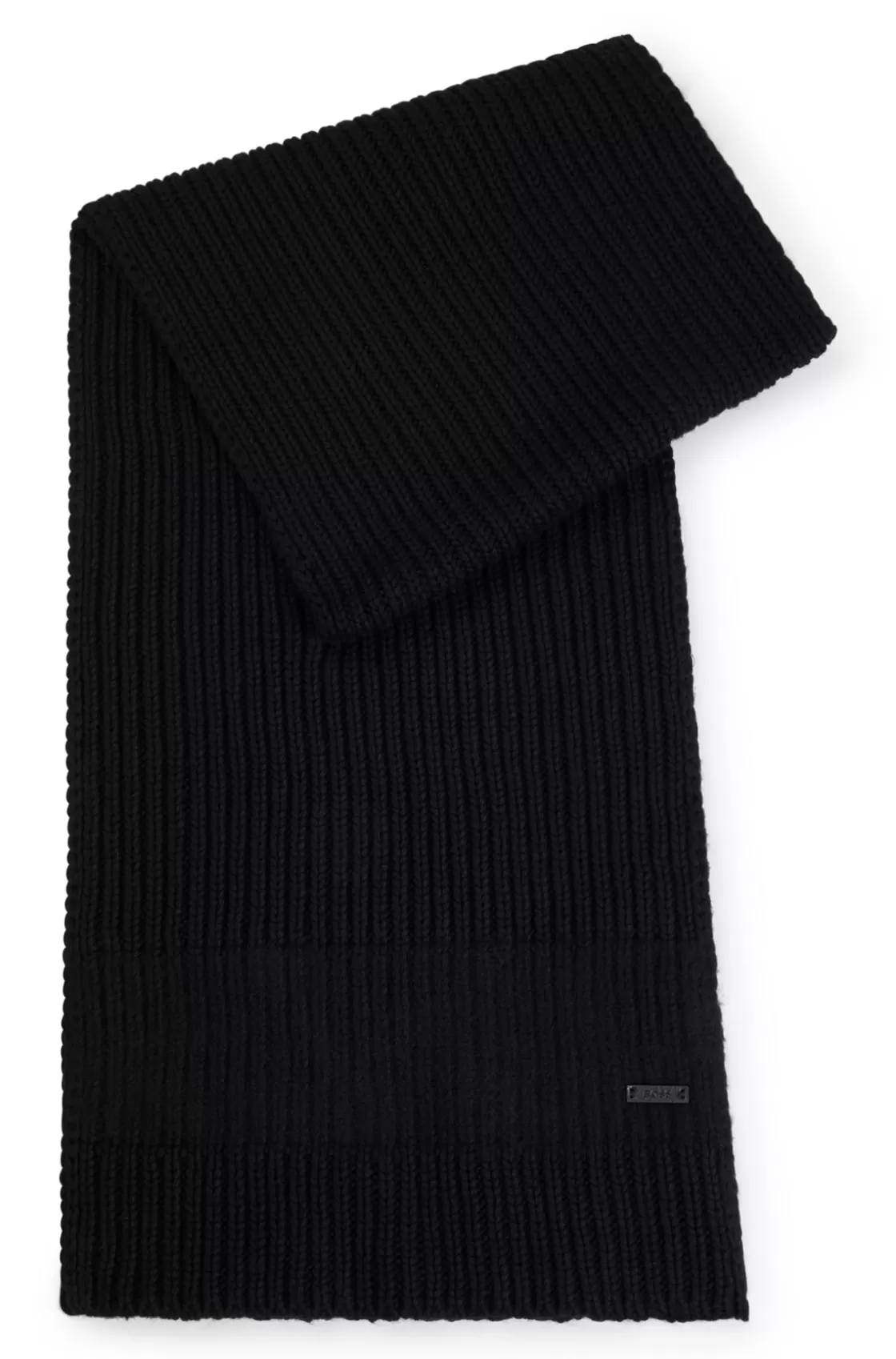 HUGO BOSS Knitted Scarf With Faux-leather Logo Plaque Black Store