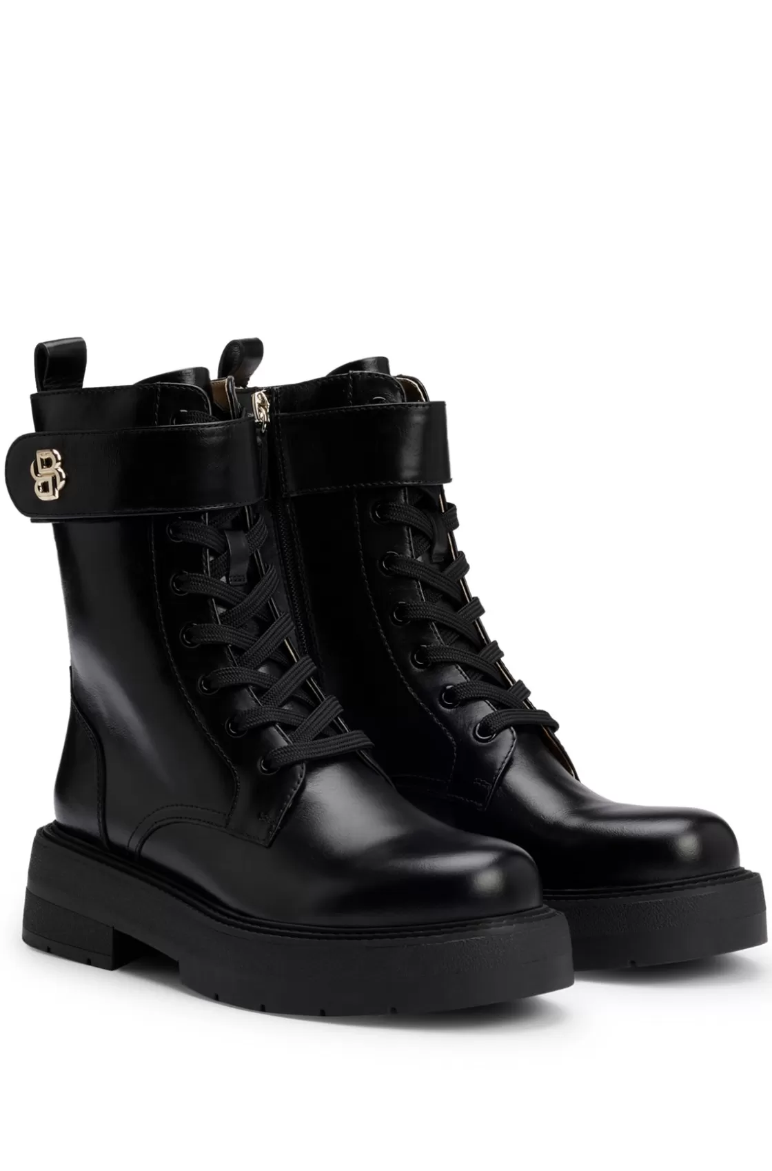 HUGO BOSS Lace-up Boots In Leather With Double B Monogram Black Hot