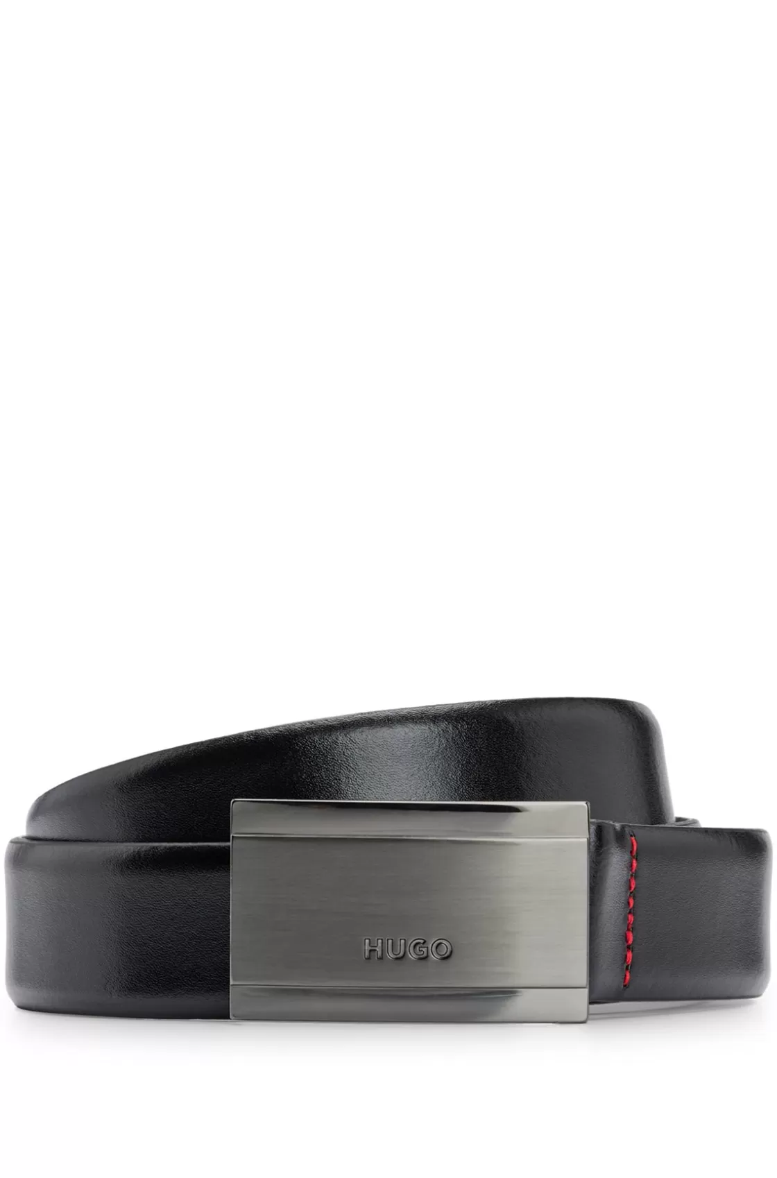 HUGO BOSS Leather Belt With Branded Gunmetal Plaque Buckle Black Best