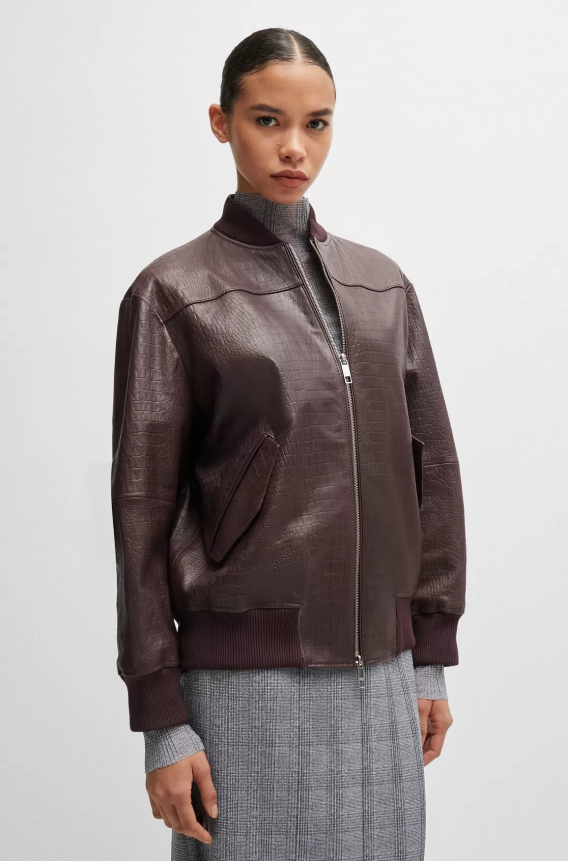 HUGO BOSS Leather Bomber Jacket With Embossed Crocodile Motif Light Red Store