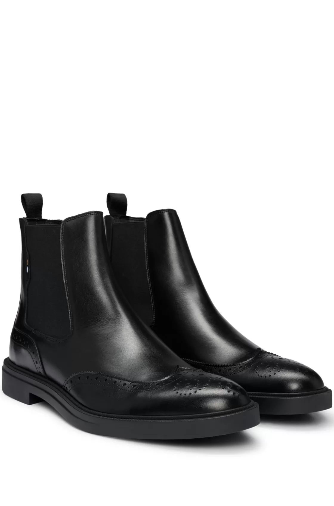 HUGO BOSS Leather Chelsea Boots With Brogue Details And Rubber Sole Black Cheap
