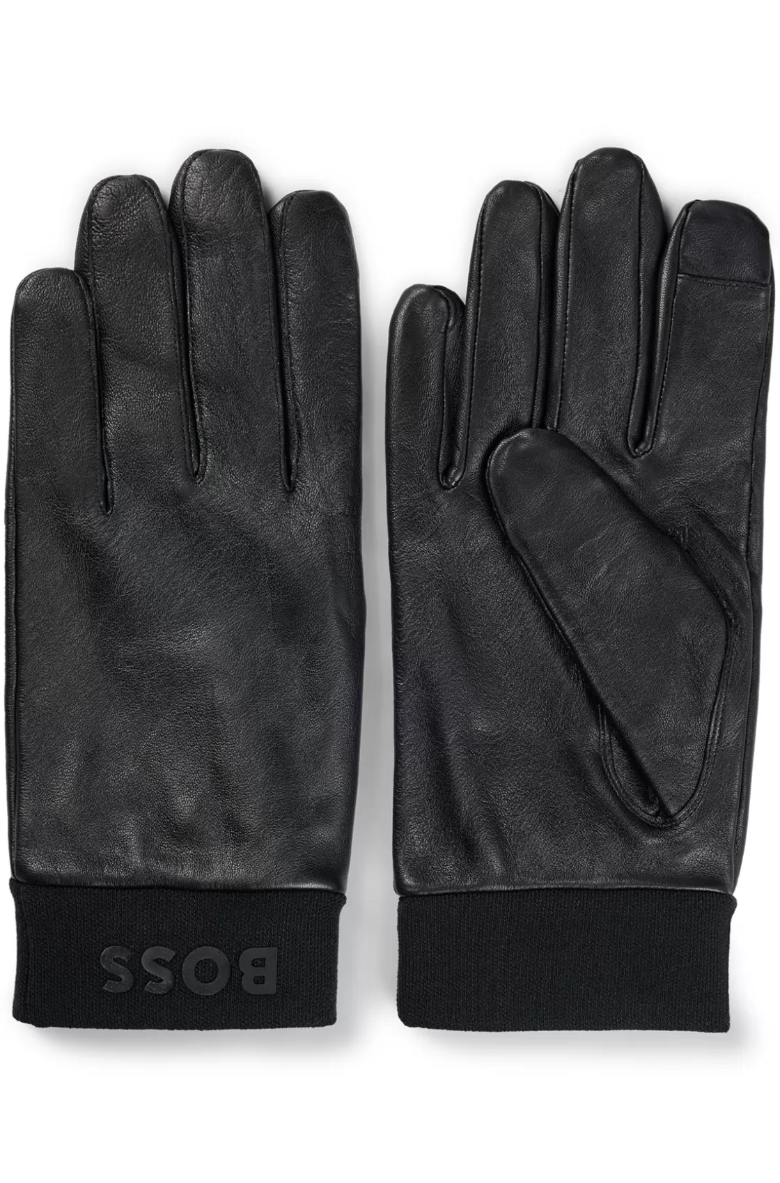 HUGO BOSS Leather Gloves With Branding And Touchscreen-friendly Fingertips Black Fashion