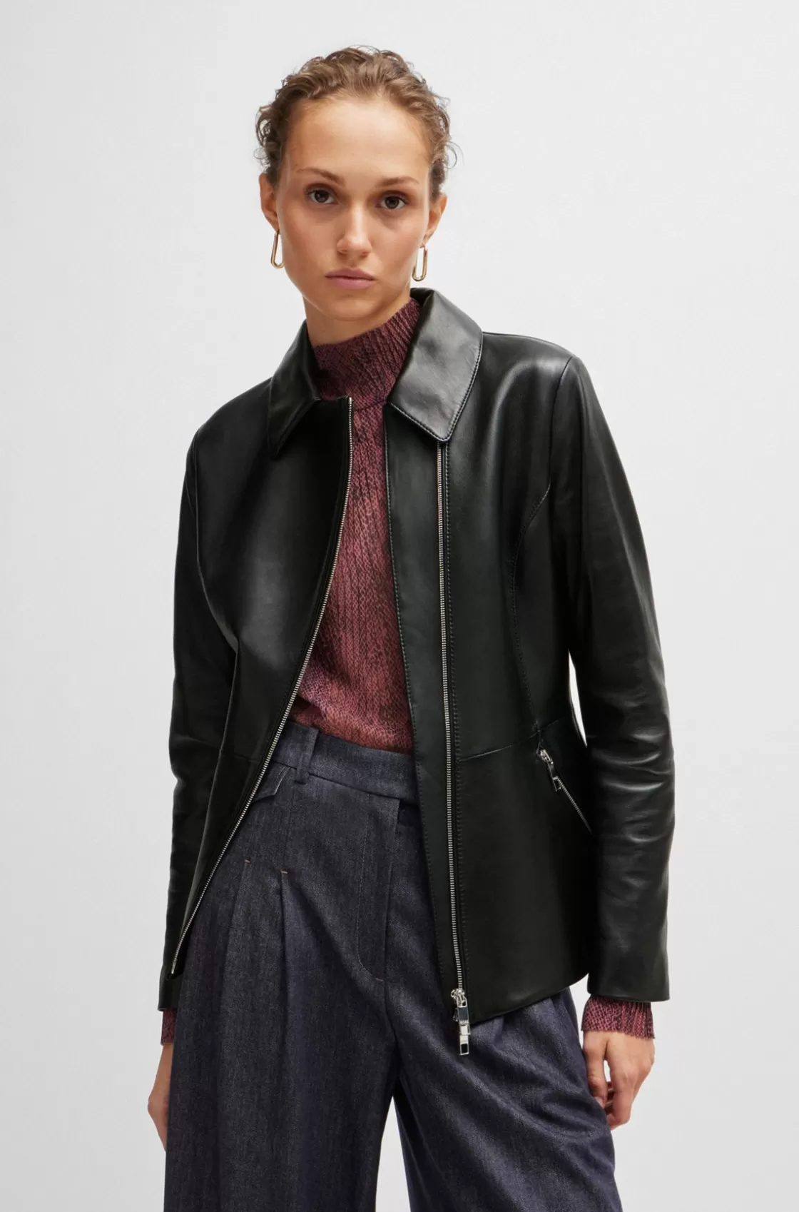 HUGO BOSS Leather Jacket With Asymmetric Two-way Zip Black Fashion