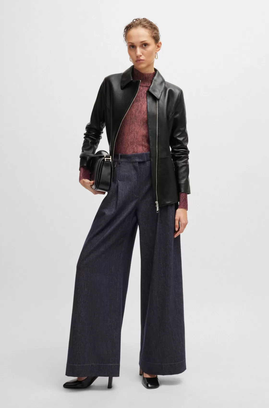 HUGO BOSS Leather Jacket With Asymmetric Two-way Zip Black Fashion