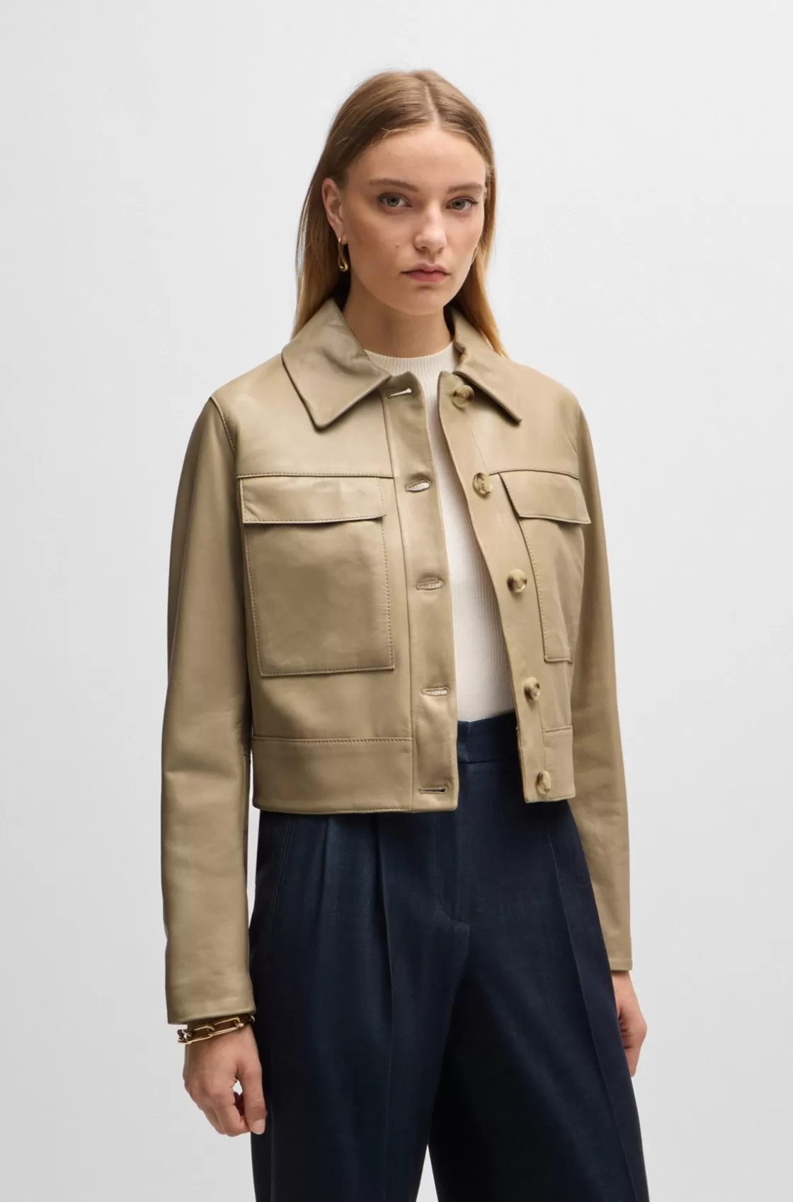 HUGO BOSS Leather Jacket With Contrast Cuffs And Buttoned Closure Light Beige Flash Sale