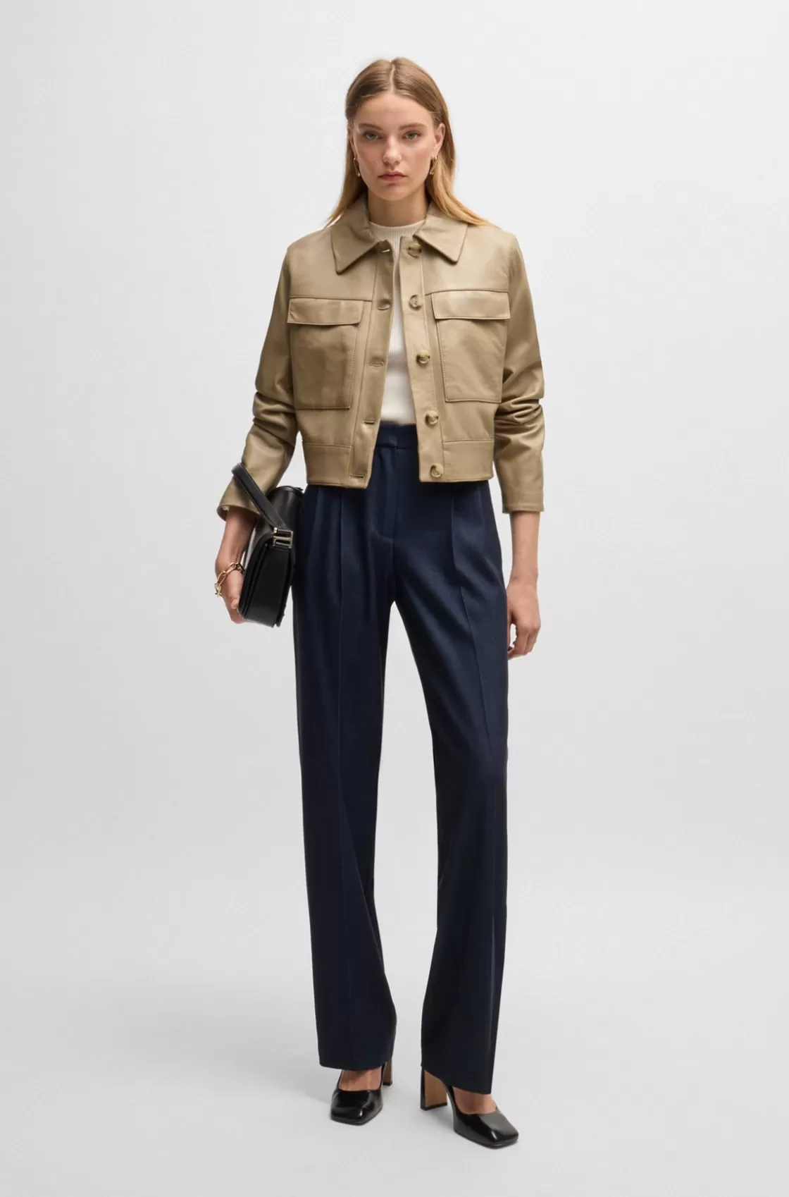 HUGO BOSS Leather Jacket With Contrast Cuffs And Buttoned Closure Light Beige Flash Sale