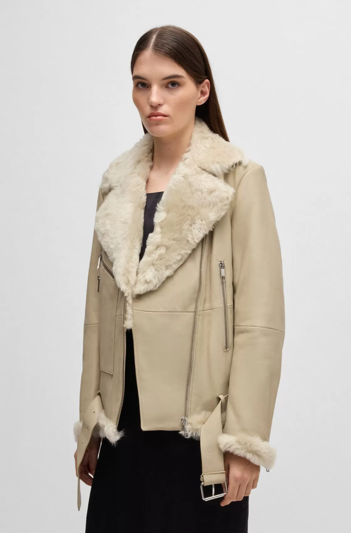 HUGO BOSS Leather Jacket With Sheepskin Trims Light Beige Best Sale