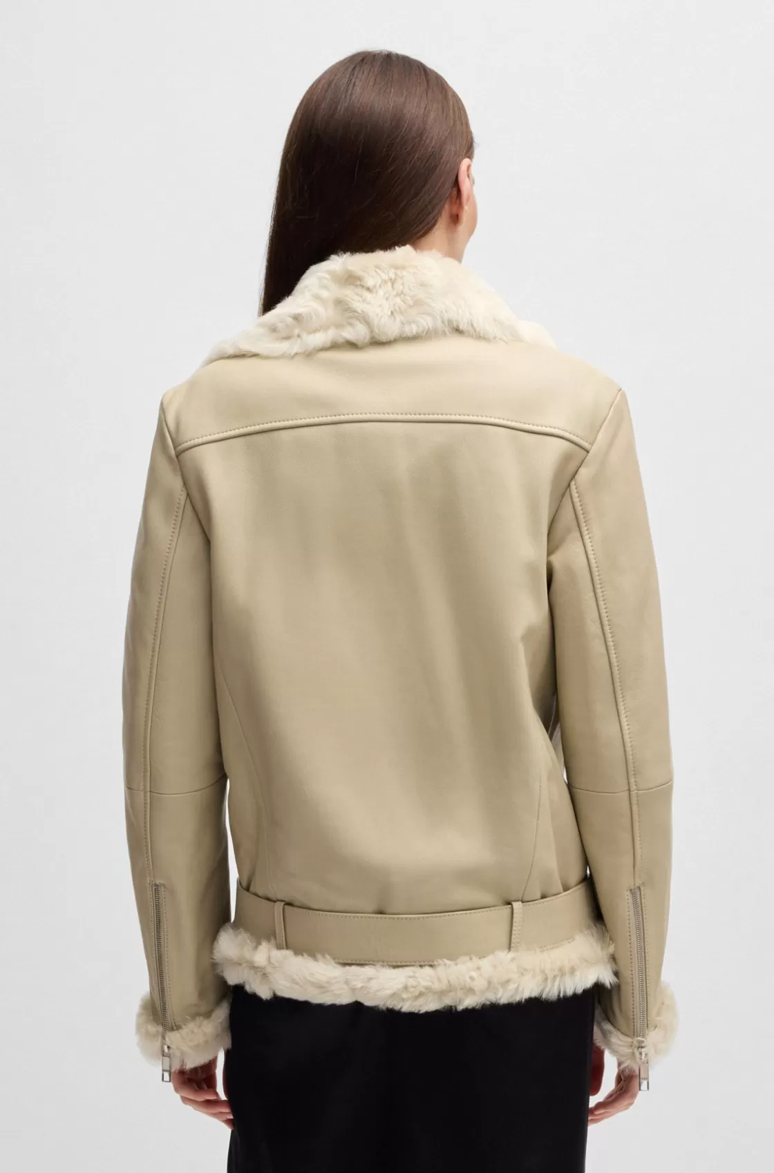 HUGO BOSS Leather Jacket With Sheepskin Trims Light Beige Best Sale