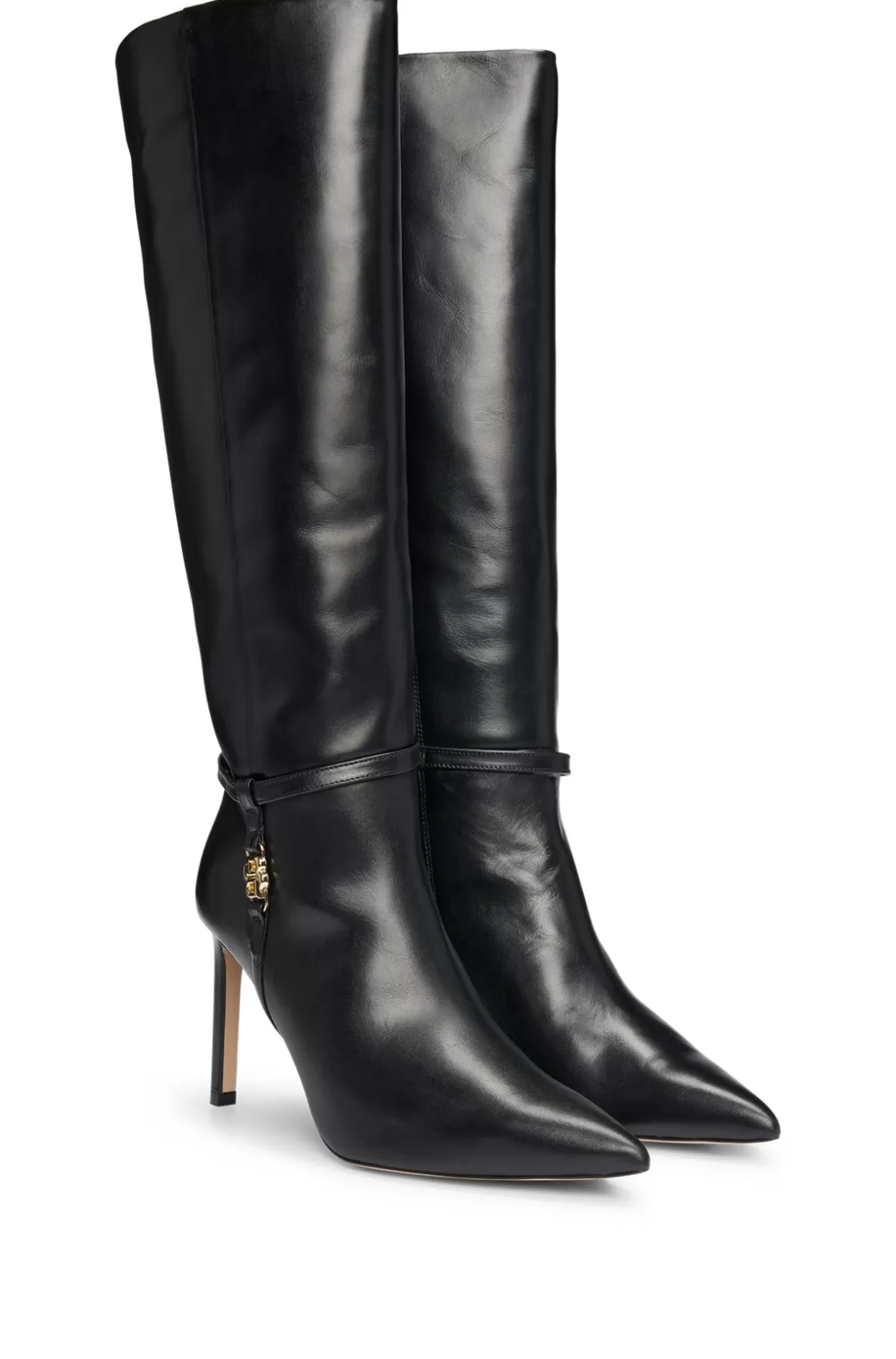 HUGO BOSS Leather Knee Boots With Double B Monogram Black Fashion