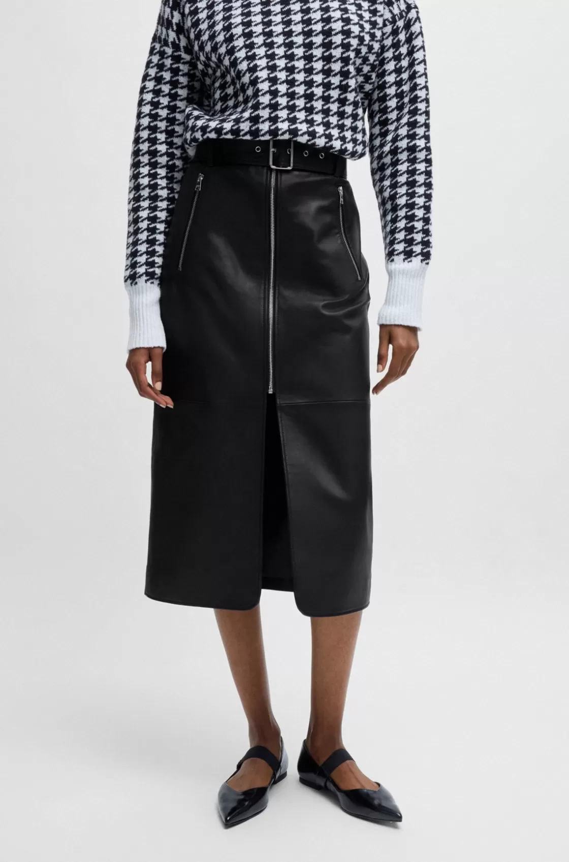HUGO BOSS Leather Midi Skirt With Zips And Belt Black Cheap