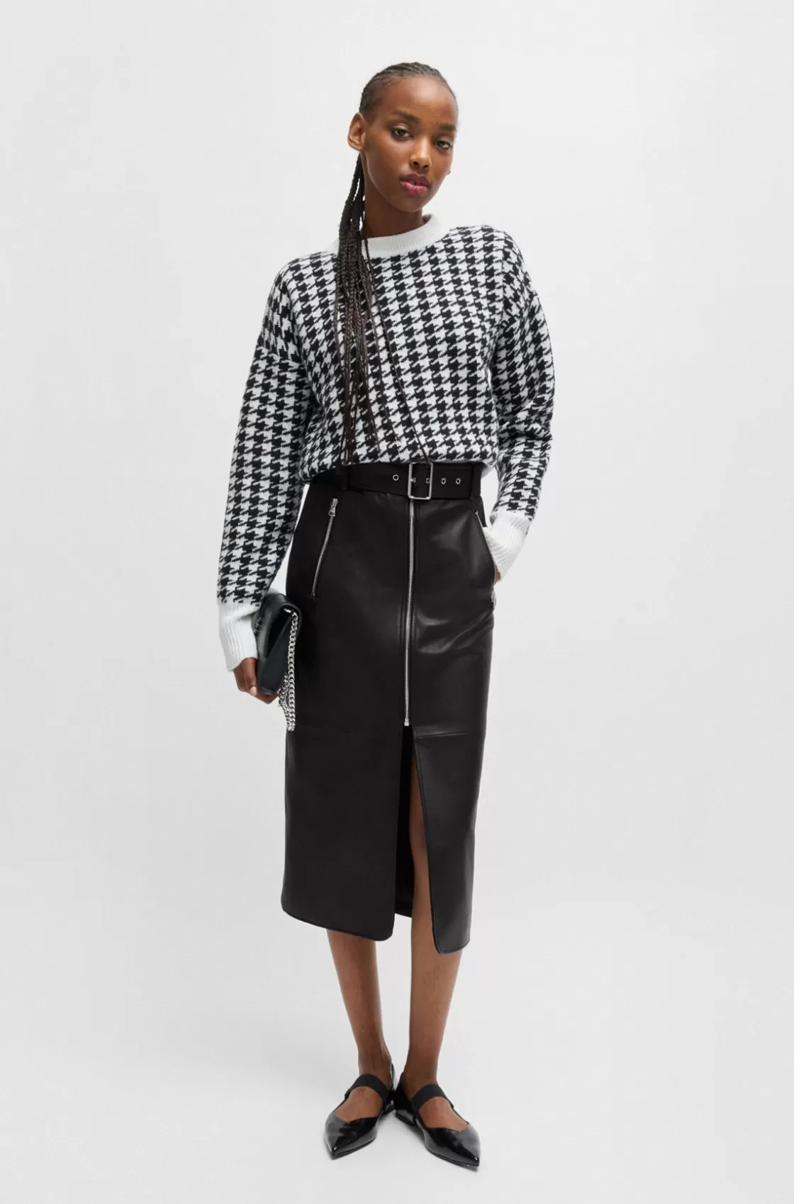 HUGO BOSS Leather Midi Skirt With Zips And Belt Black Cheap