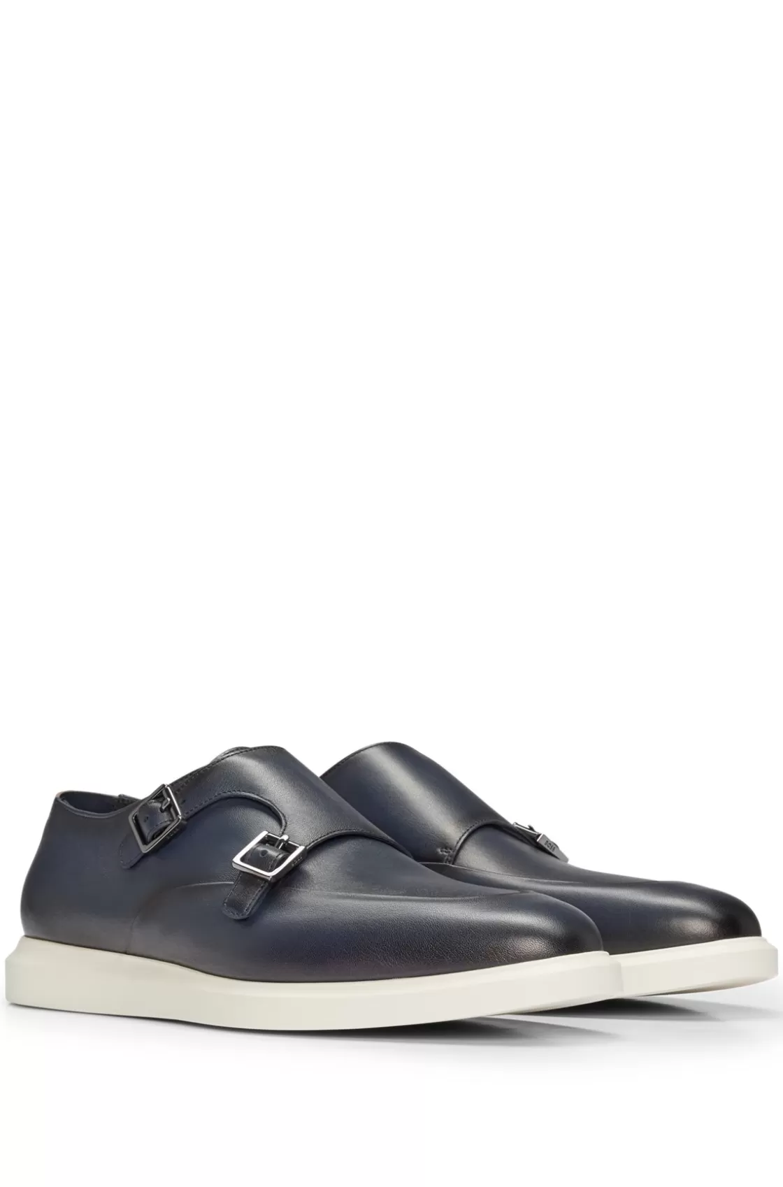 HUGO BOSS Leather Monk Shoes With Contrast Outsole And Double Strap Dark Blue Store