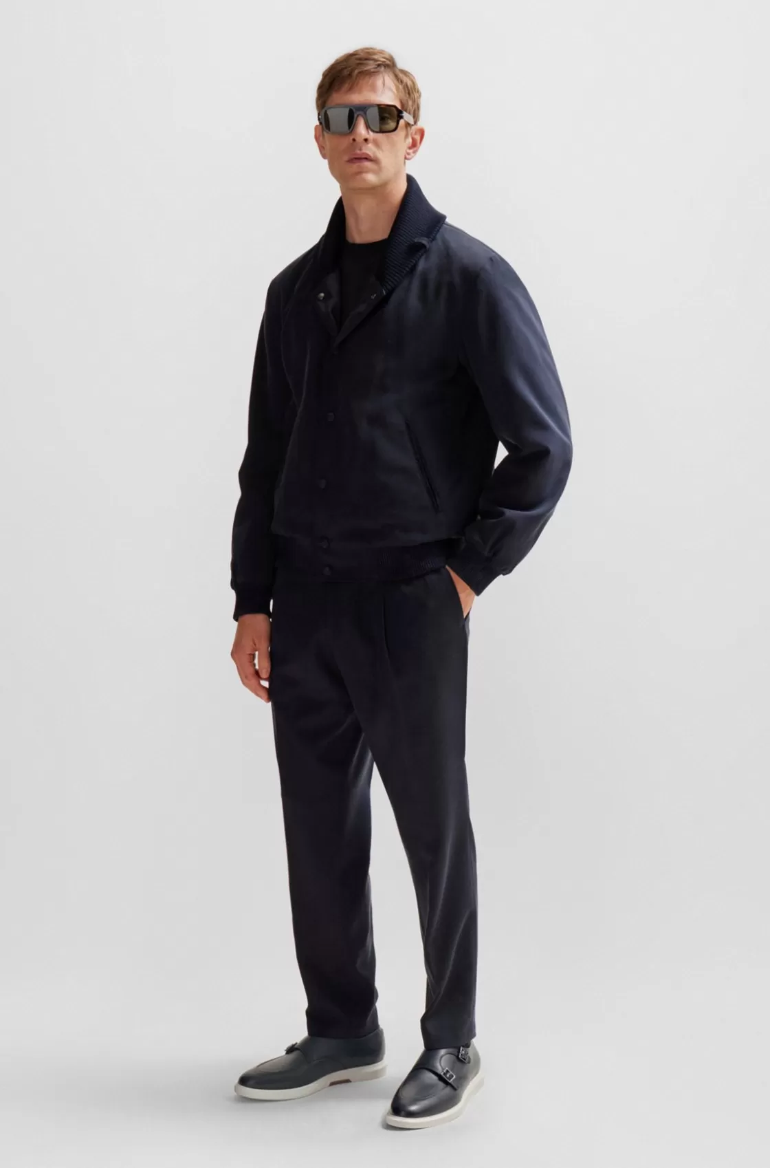HUGO BOSS Leather Monk Shoes With Contrast Outsole And Double Strap Dark Blue Store