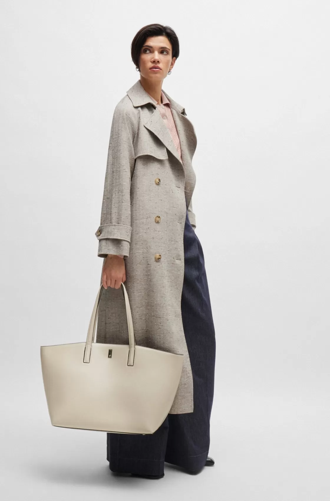 HUGO BOSS Leather Shopper Bag With Signature Hardware Light Beige Online