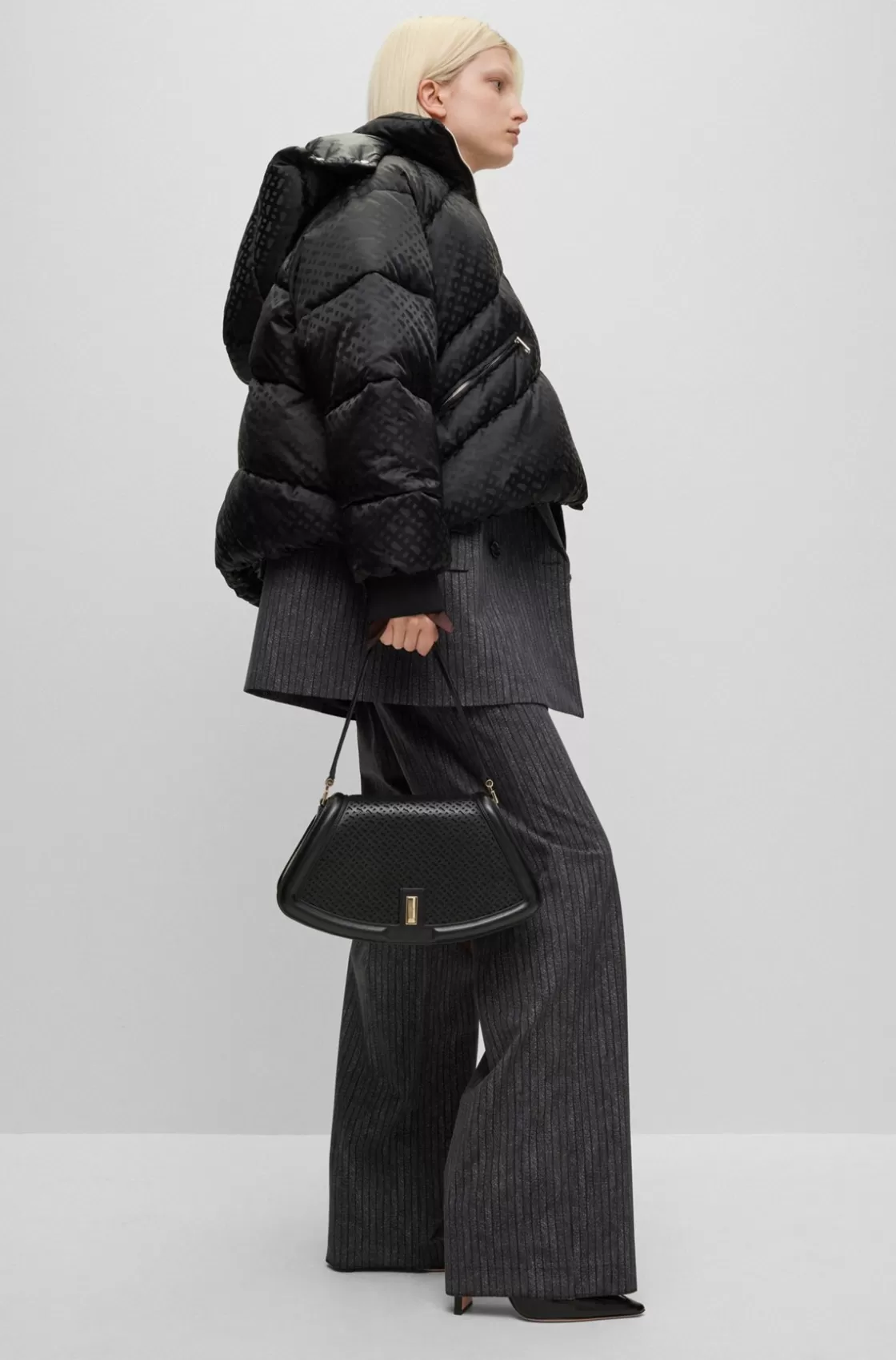 HUGO BOSS Leather Shoulder Bag With Monogram Pattern Black Sale