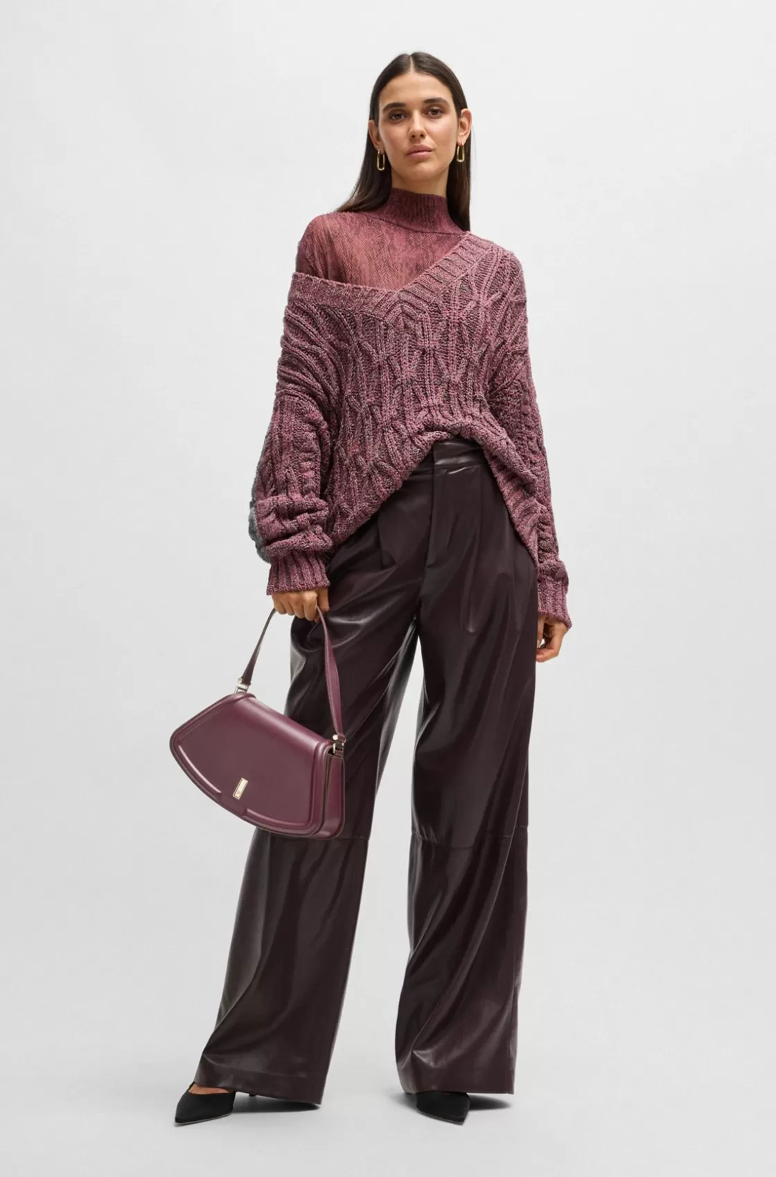 HUGO BOSS Leather Shoulder Bag With Signature Hardware Dark Red Clearance