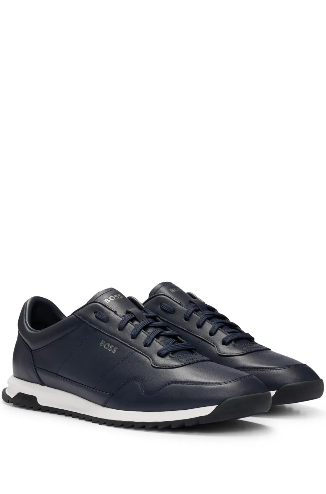 HUGO BOSS Leather Trainers With Knurled Sole And Signature Details Dark Blue New