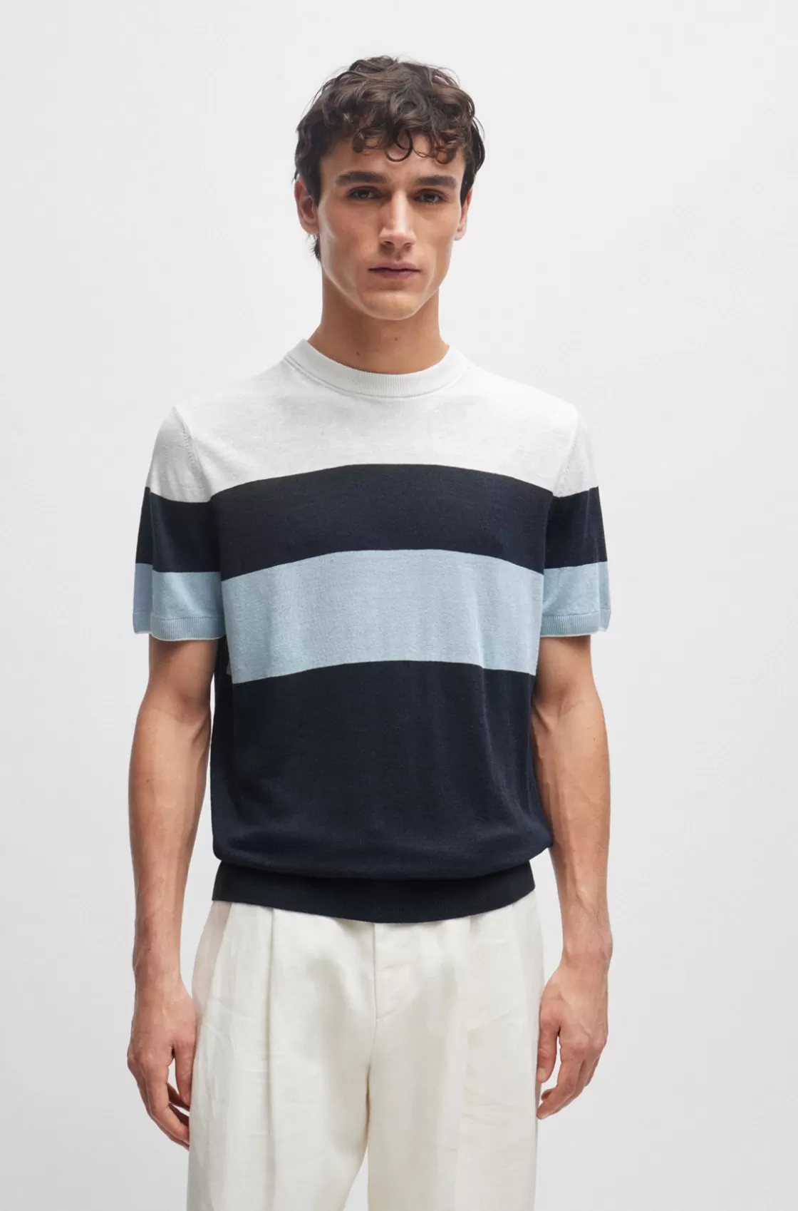 HUGO BOSS Linen-blend Regular-fit Sweater With Accent Tipping Dark Blue Cheap