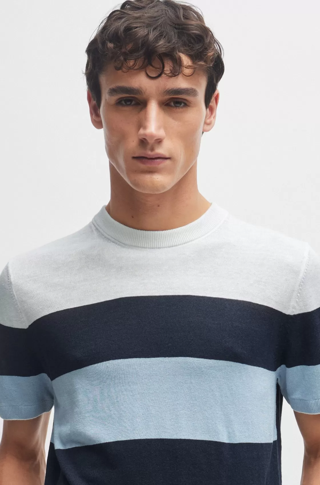 HUGO BOSS Linen-blend Regular-fit Sweater With Accent Tipping Dark Blue Cheap